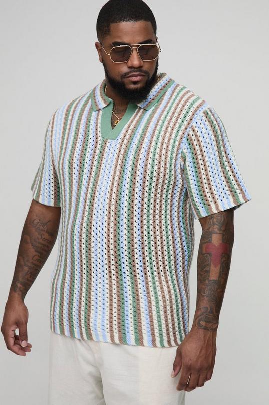 Plus Stripe Crochet Regular Fit Polo Shirt by BOOHOOMAN
