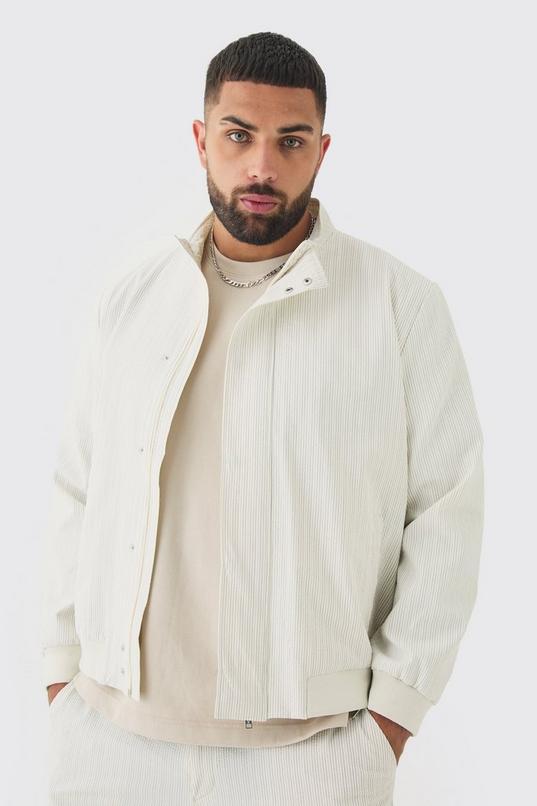 Plus Stripe Seersucker Funnel Neck Smart Jacket by BOOHOOMAN