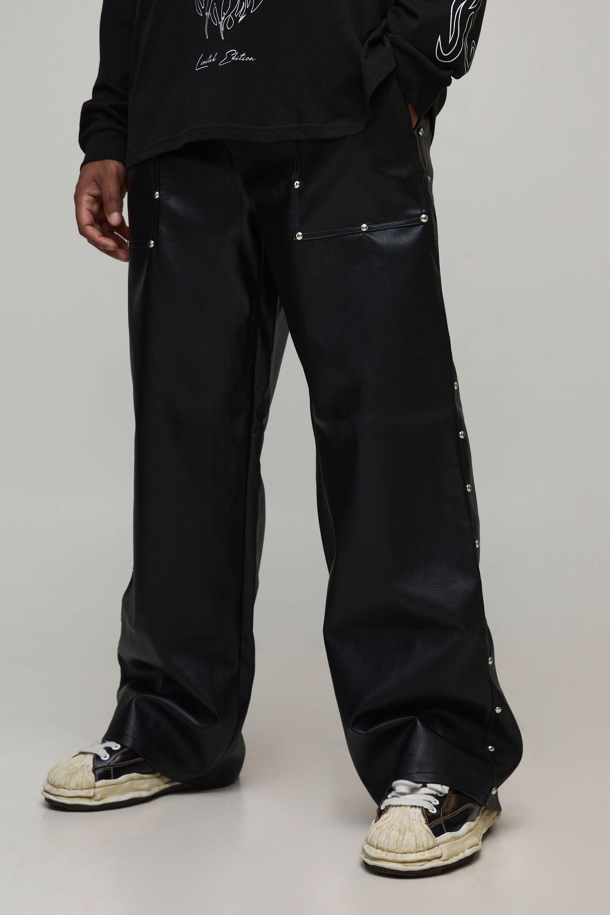 Plus Studded Leather Look Drawcord Relaxed Carpenter Trousers by BOOHOOMAN