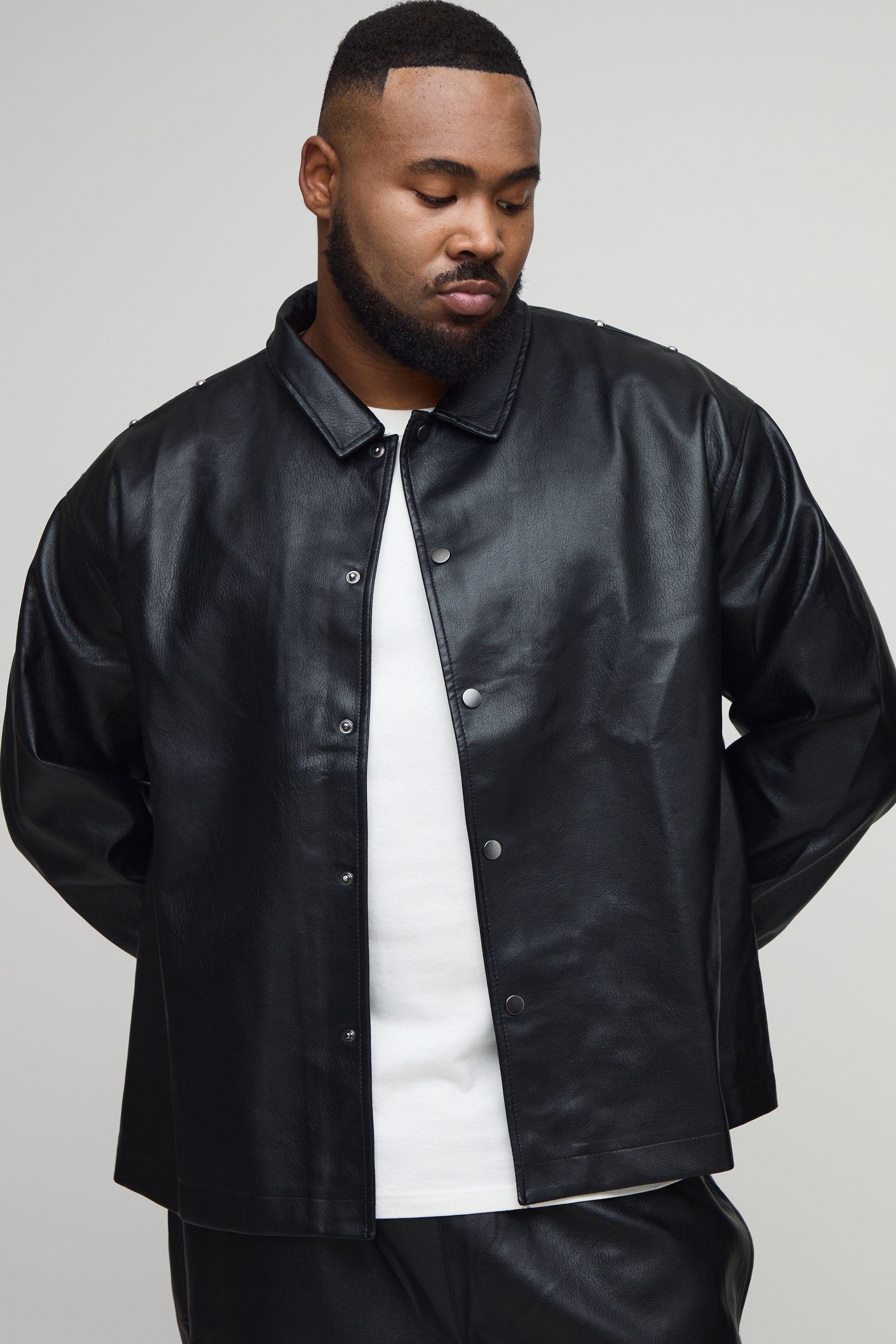 Plus Studded Leather Look Long Sleeve Overshirt by BOOHOOMAN