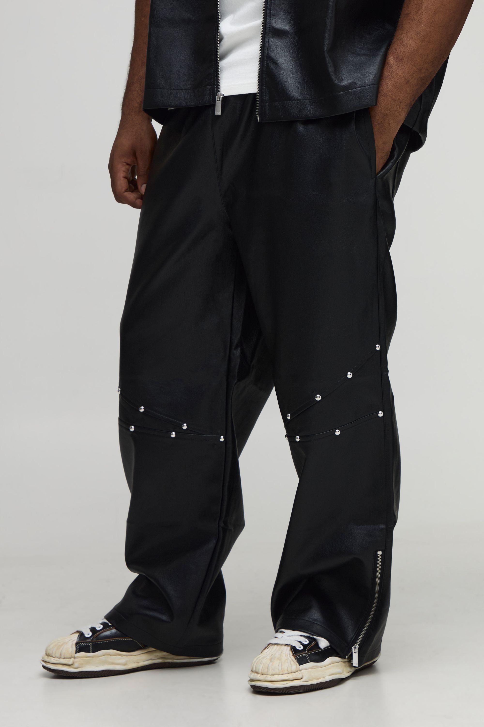 Plus Studded Leather Look Zip Hem Relaxed Fit Trousers by BOOHOOMAN