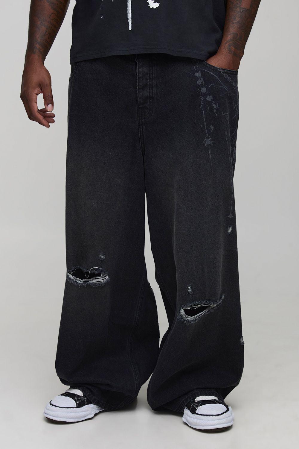 Plus Super Baggy Extreme Washed Laser Printed Denim Jeans by BOOHOOMAN