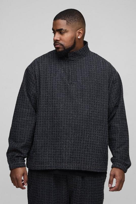 Plus Textured Denim Funnel Neck Shirt by BOOHOOMAN