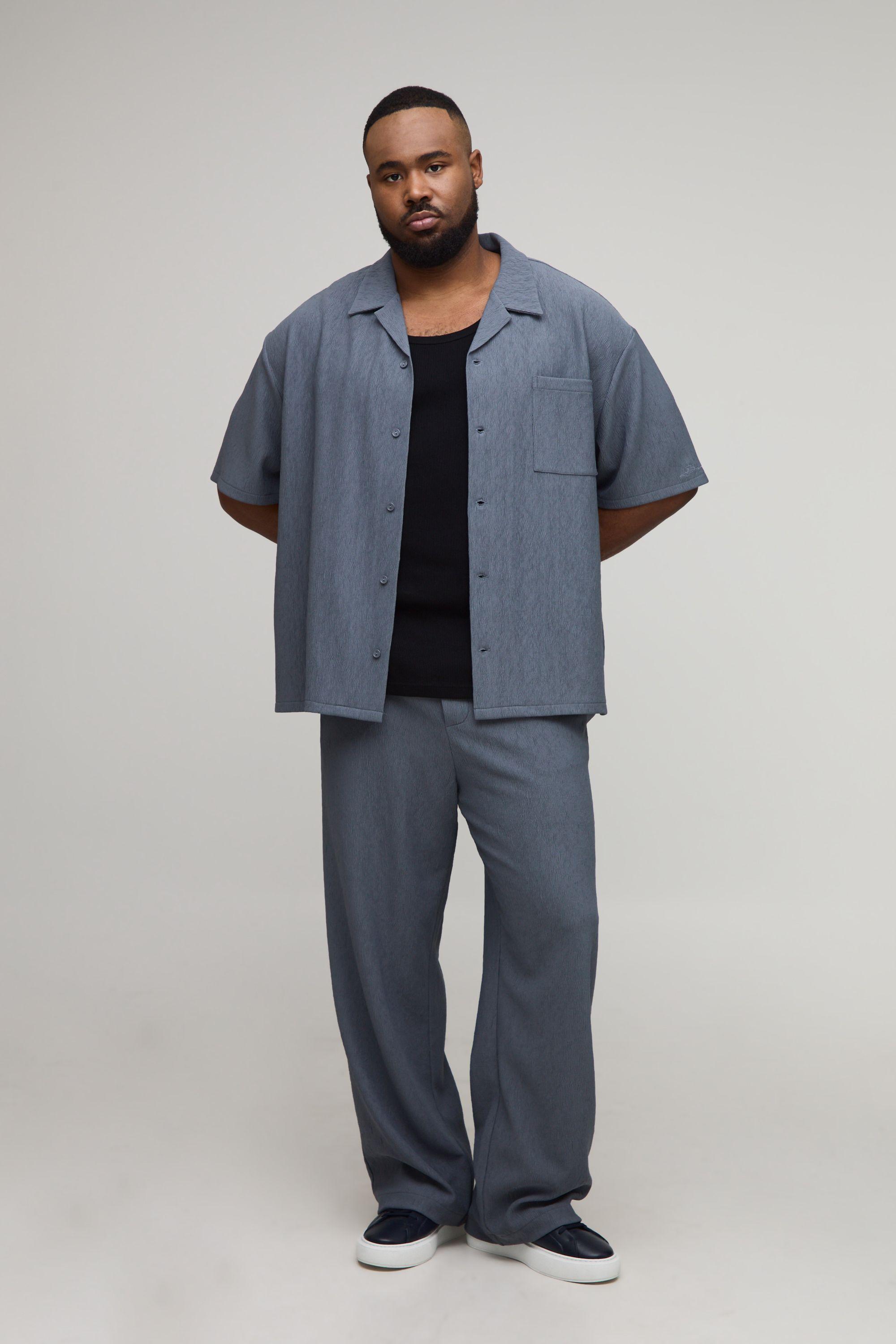 Plus Textured Pleated Oversized Shirt & Relaxed Trouser Set by BOOHOOMAN