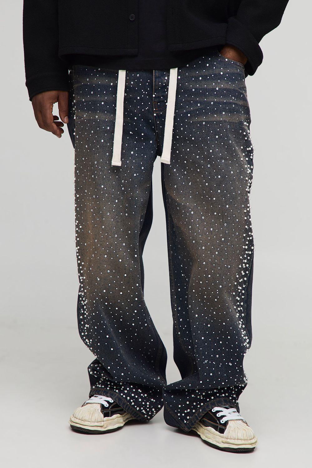 Plus Tinted Rhinestone Extended Drawcord Relaxed Fit Jeans by BOOHOOMAN