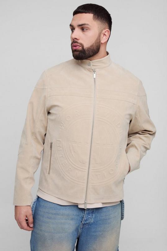 Plus Tumbled Faux Suede Embossed Regular Fit Biker Jacket by BOOHOOMAN