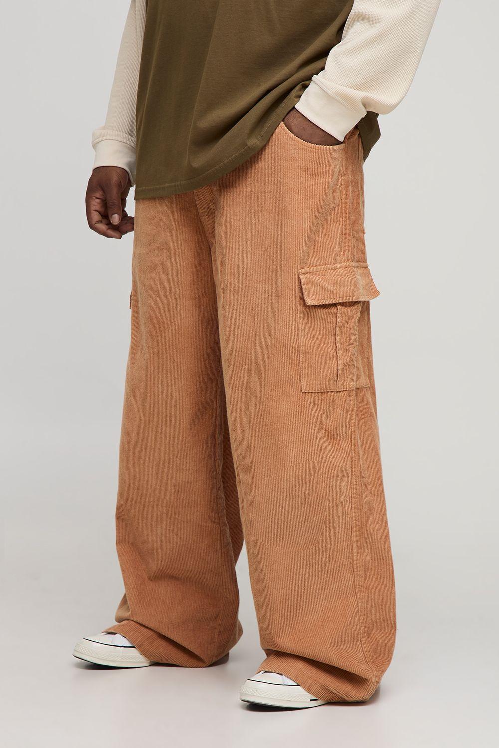 Plus Washed Cord Baggy Fit Cargo Trousers by BOOHOOMAN