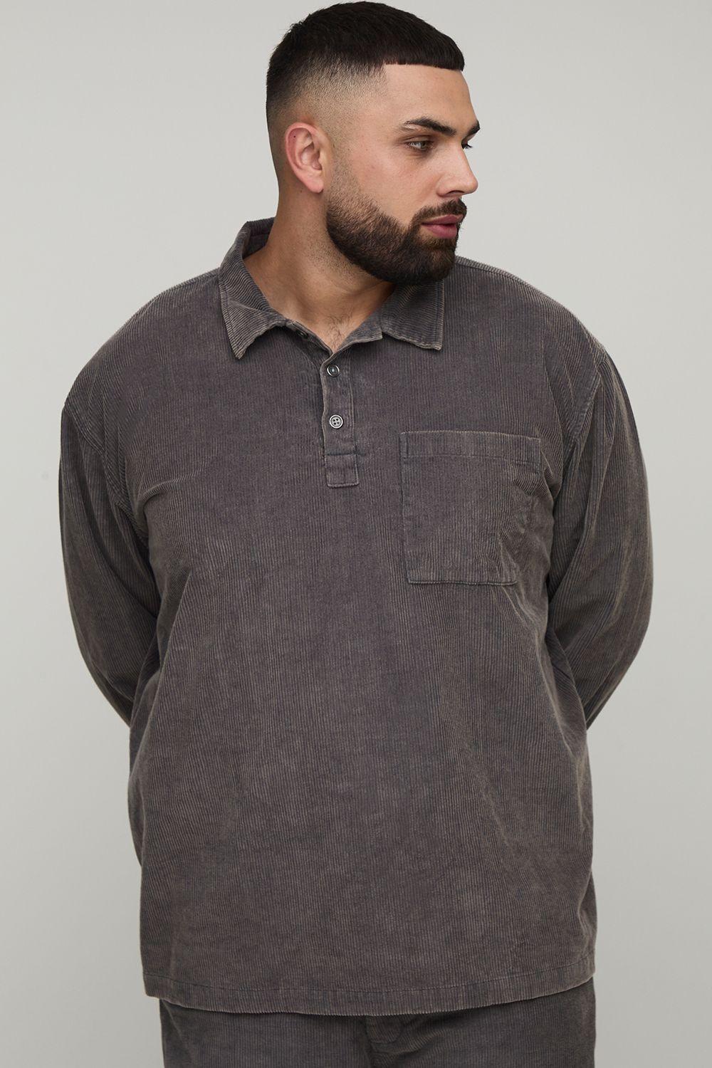 Plus Washed Cord Oversized Rugby Shirt by BOOHOOMAN