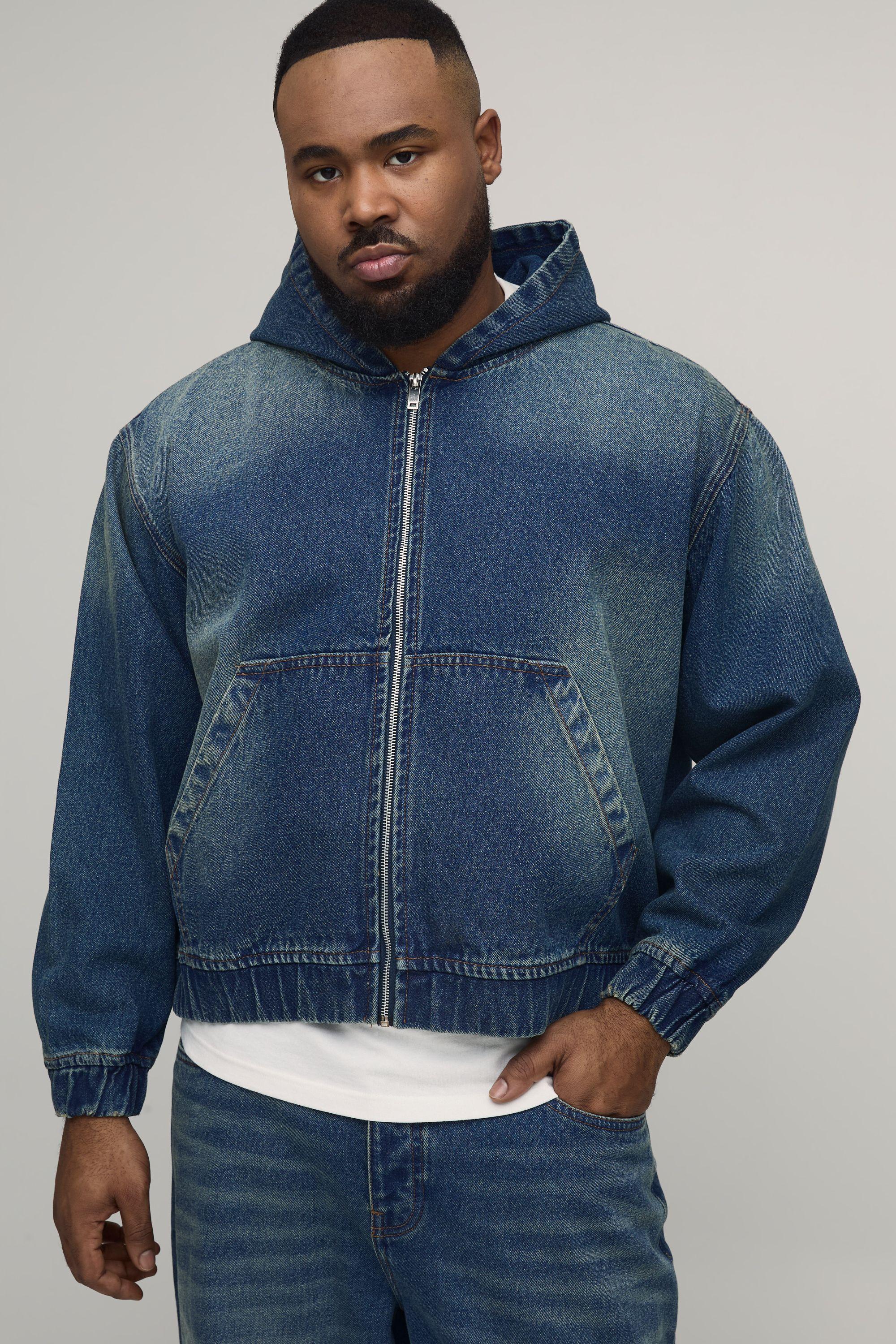 Plus Washed Denim Zip Up Hoodie by BOOHOOMAN