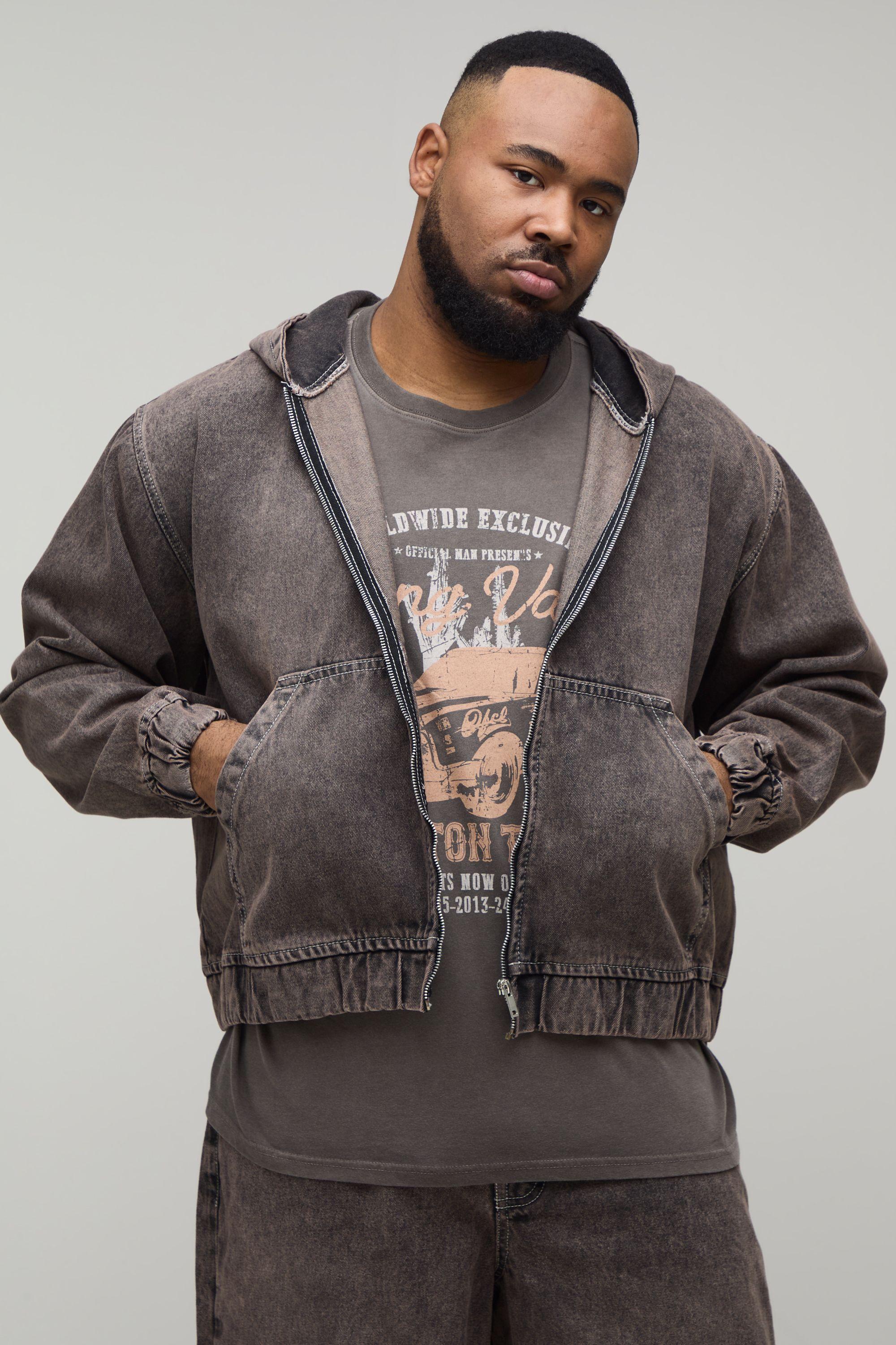 Plus Washed Denim Zip Up Hoodie by BOOHOOMAN