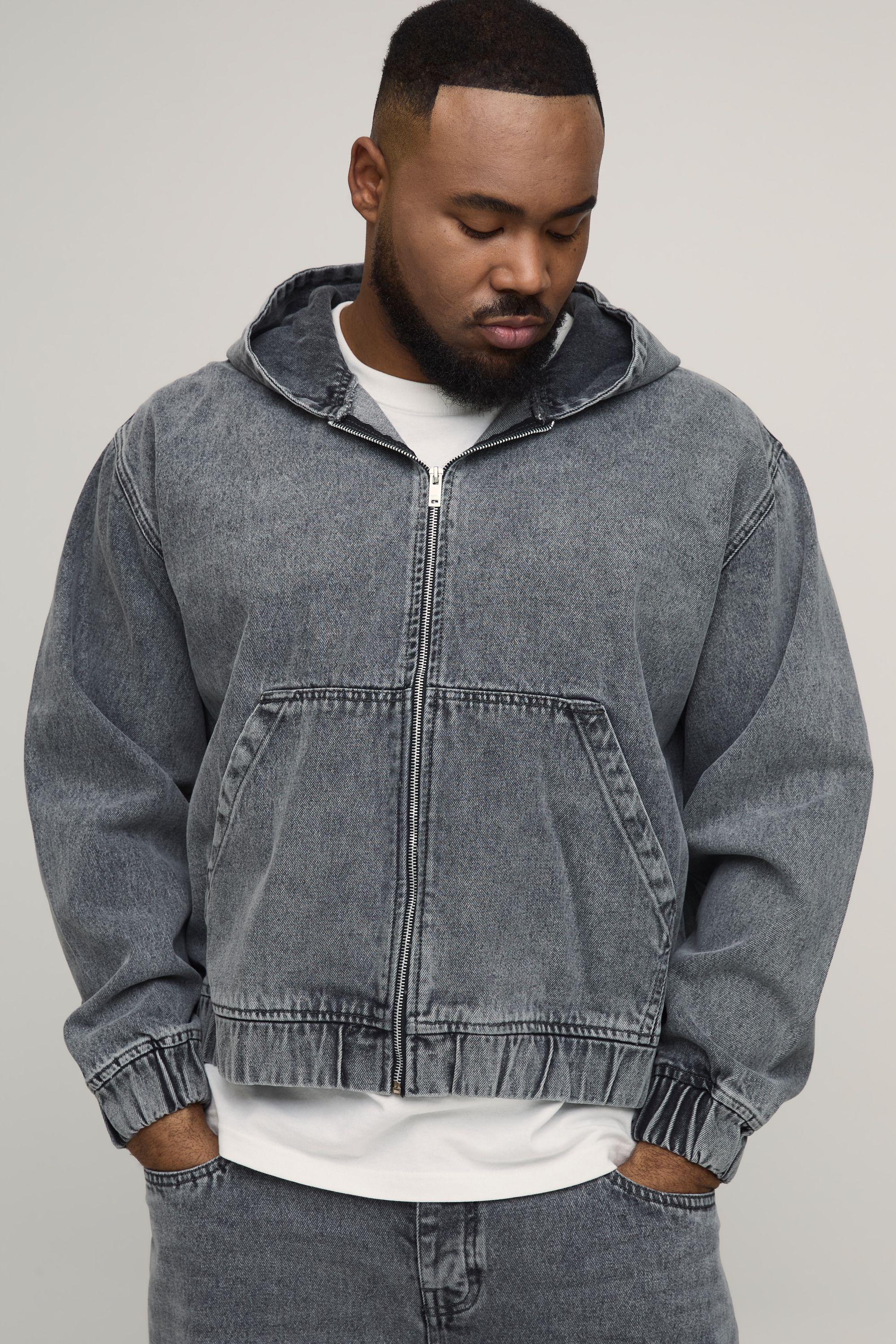 Plus Washed Denim Zip Up Hoodie by BOOHOOMAN