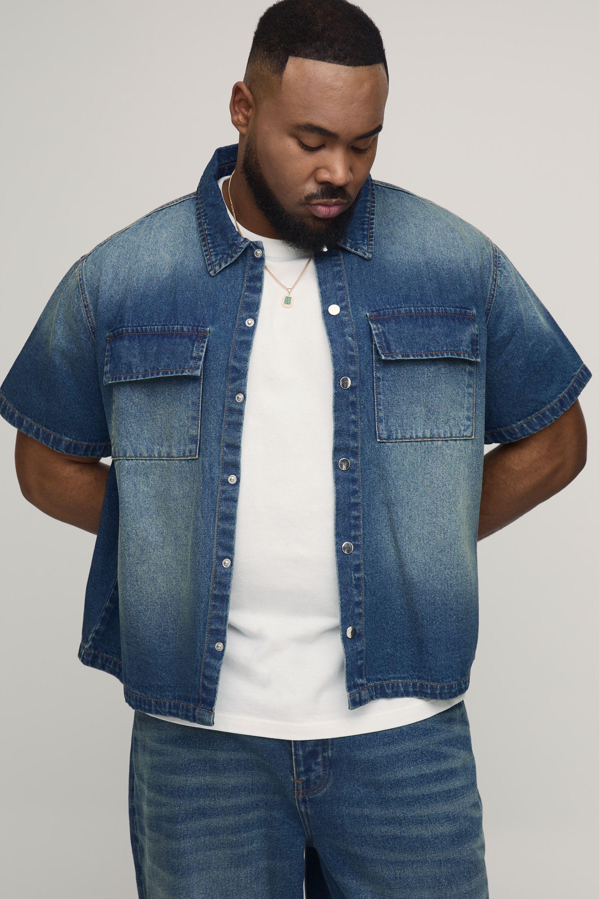 Plus Washed Oversized Boxy Denim Shirt by BOOHOOMAN