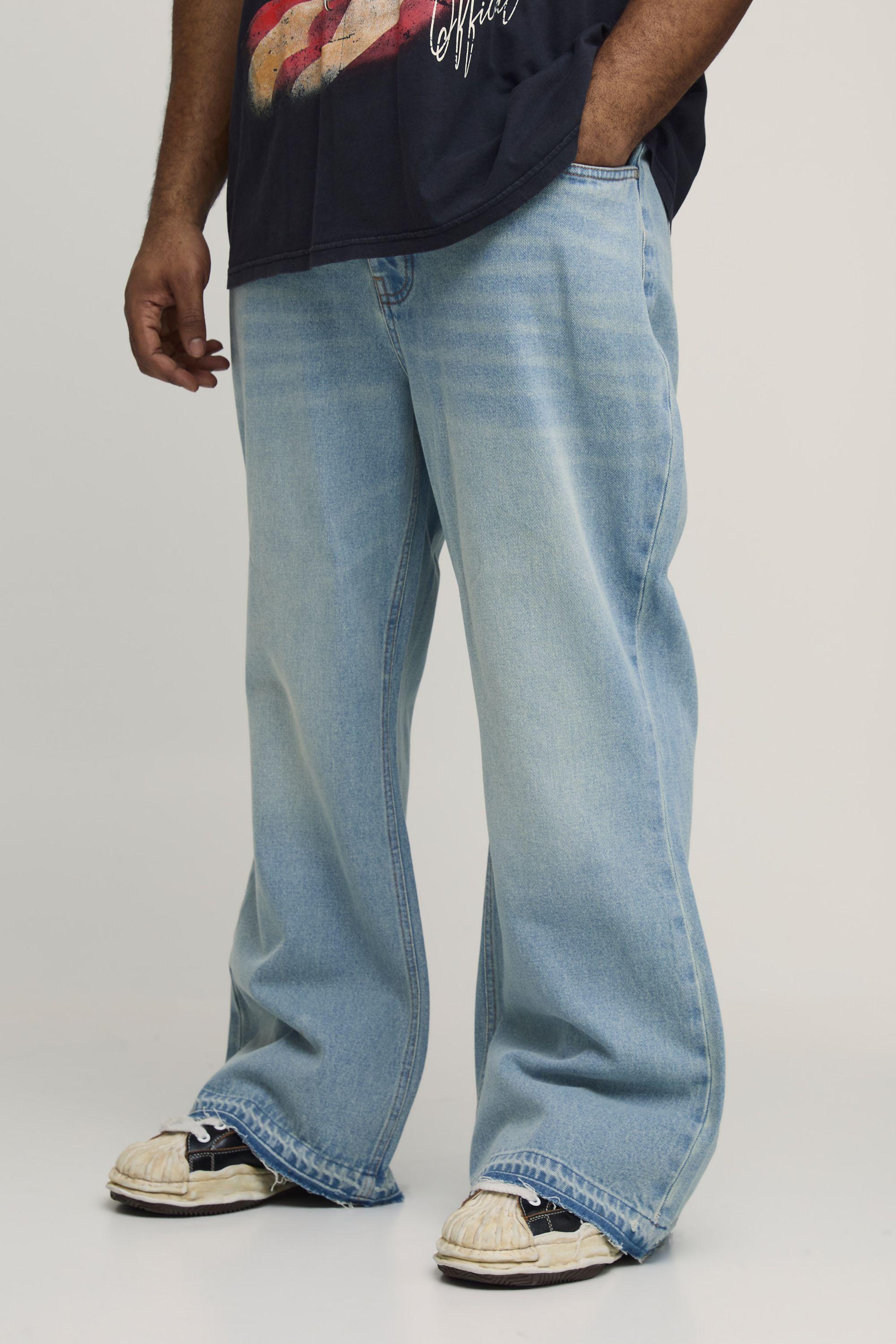 Plus Washed Relaxed Flared Let Down Hem Jeans by BOOHOOMAN