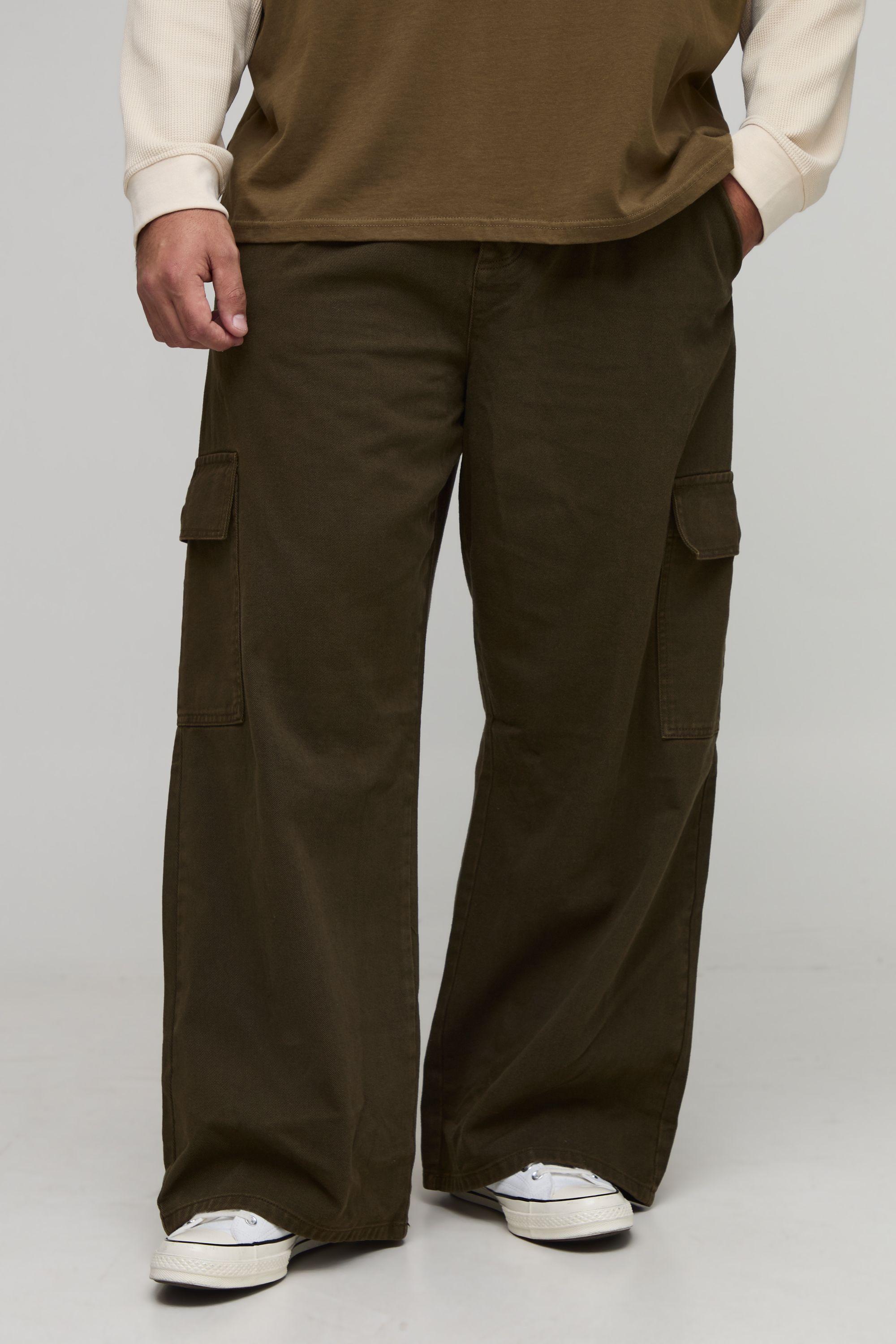 Plus Wide Fit Half & Half Waistband Cargo Pocket Washed Twill Trouser by BOOHOOMAN
