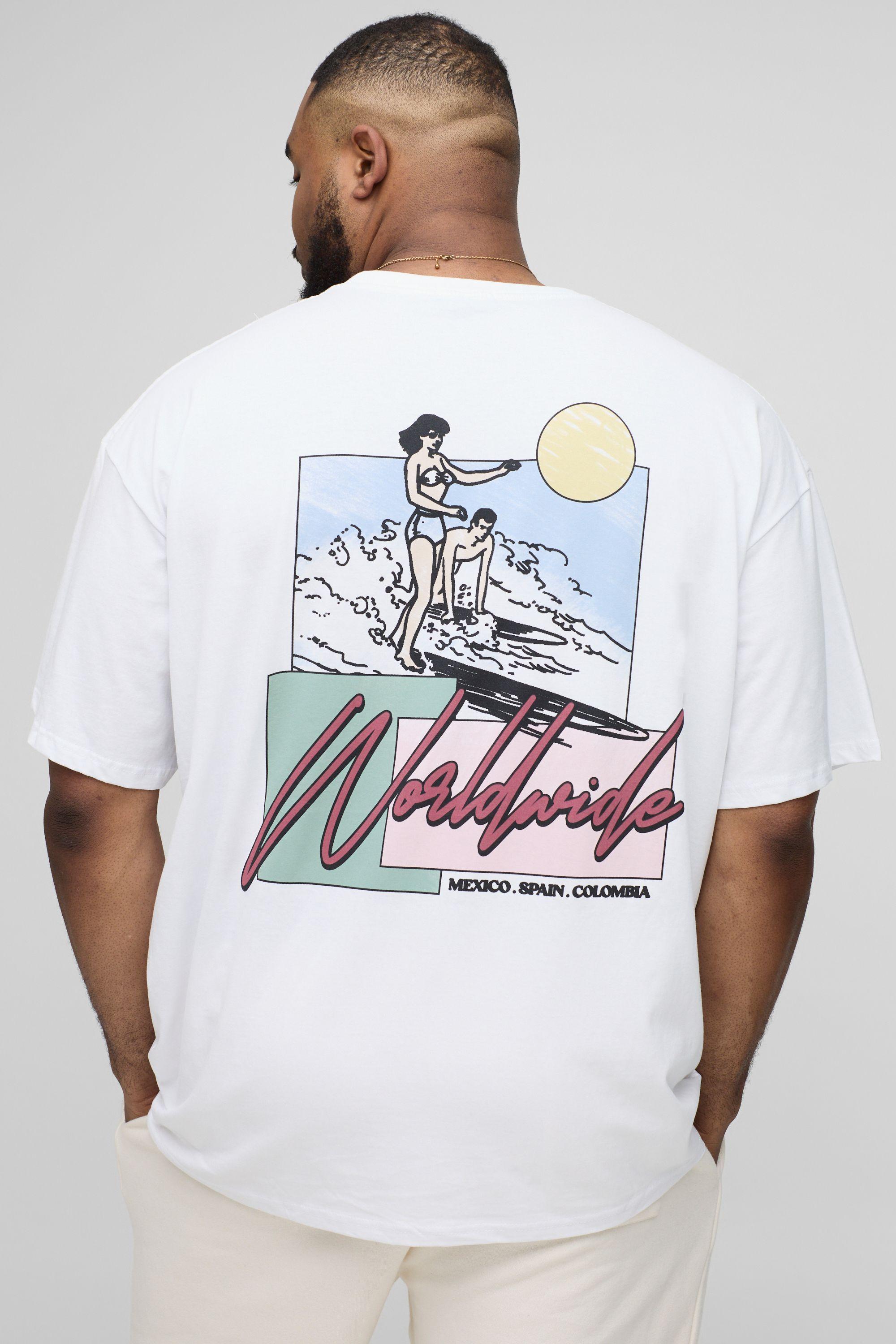 Plus Worldwide Beach Retro Print T-Shirt by BOOHOOMAN