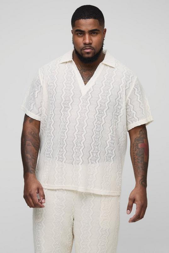 Plus Zig Zag Crochet Oversized Polo Shirt by BOOHOOMAN