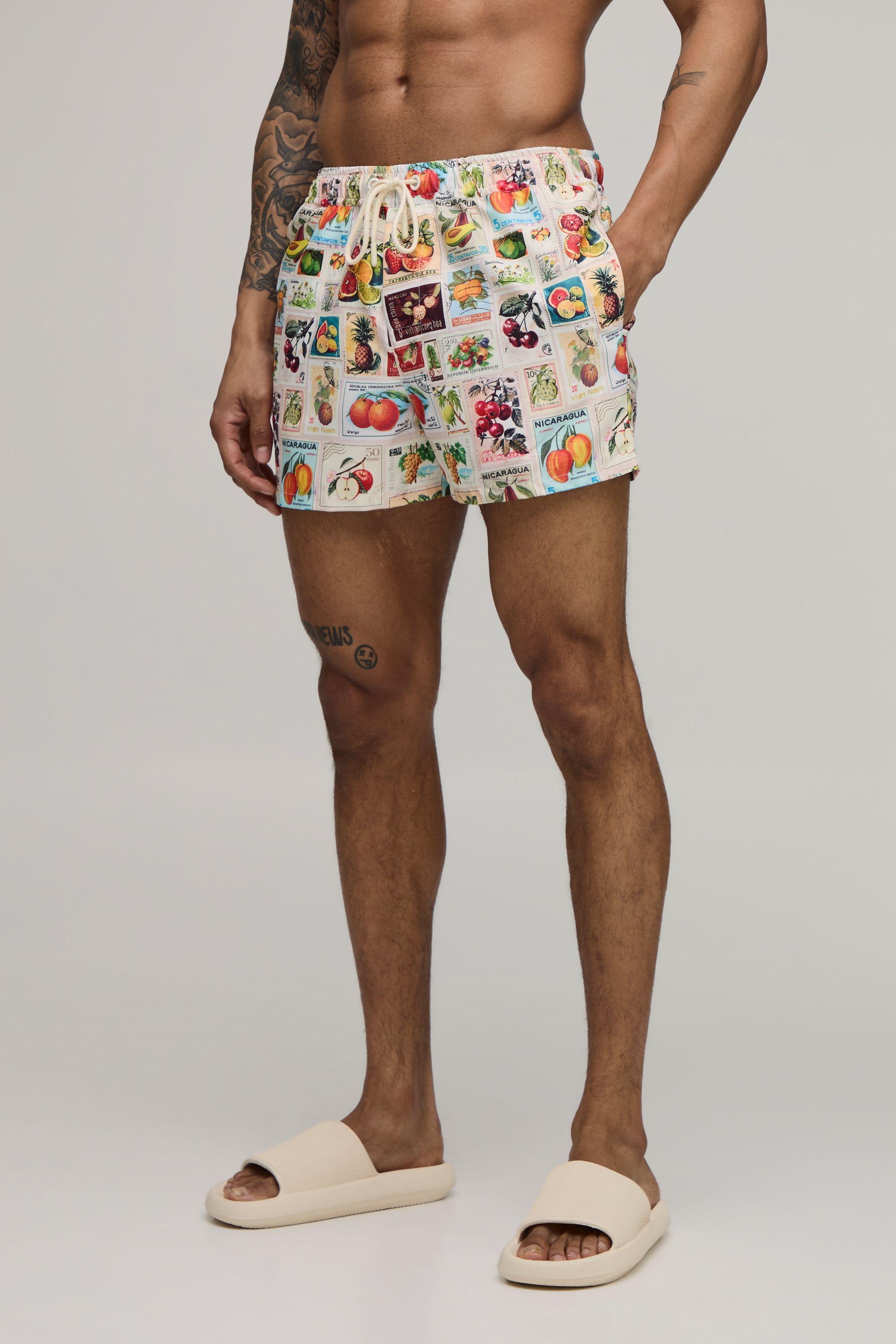 Post Stamp Print Short Length Swim Short by BOOHOOMAN