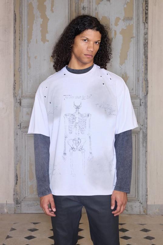 Premium Oversized Skeleton Washed T-Shirt in Ecru by BOOHOOMAN