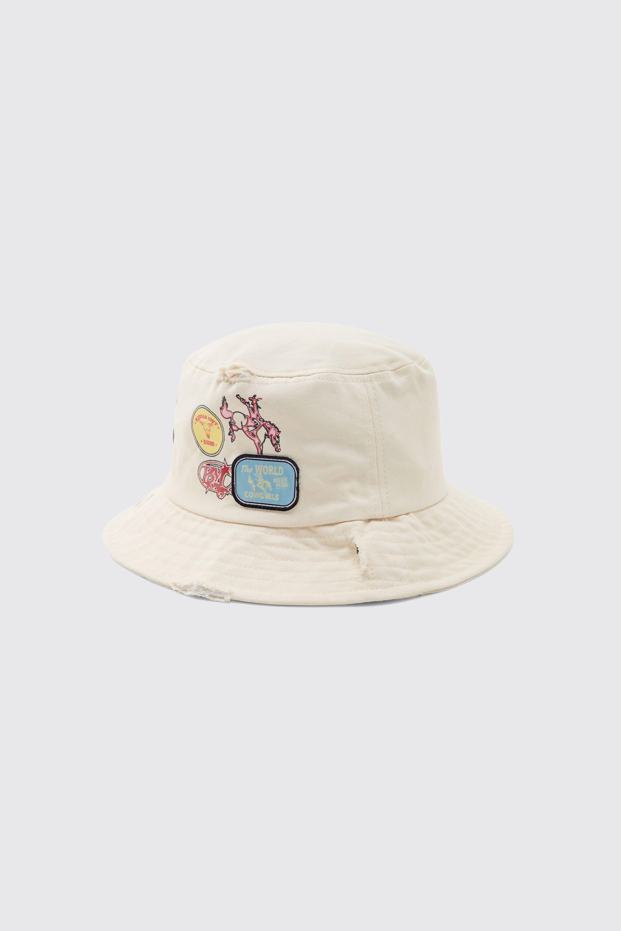 Printed Bucket Hat With Applique Patches by BOOHOOMAN