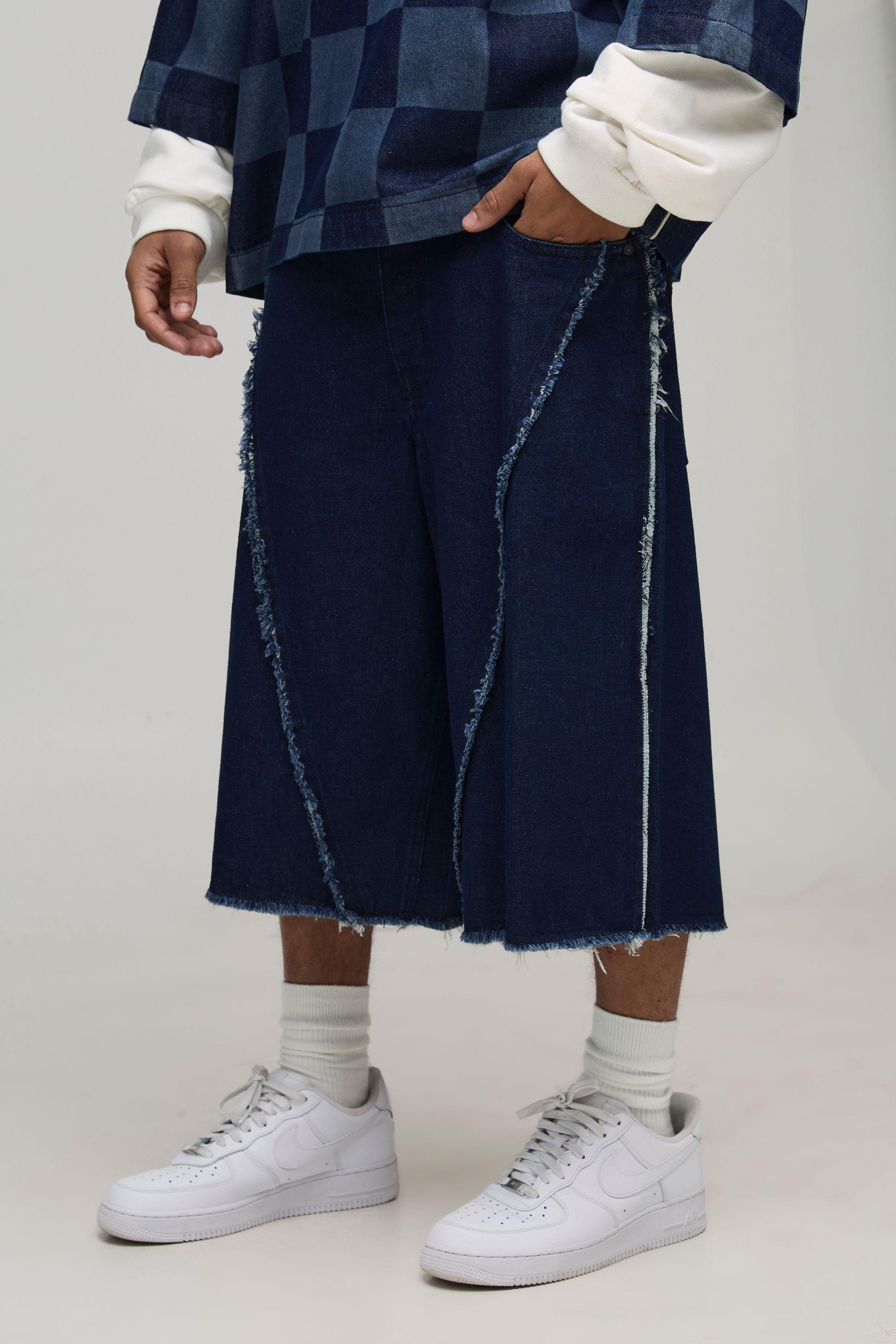 Raw Hem Sports Detail Longline Denim Jorts by BOOHOOMAN