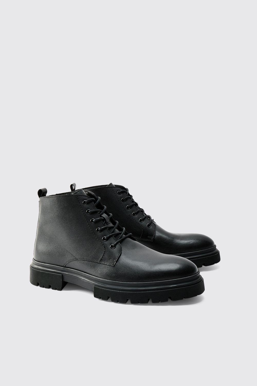 Real Patent Leather Lace Up Chunky Boot by BOOHOOMAN