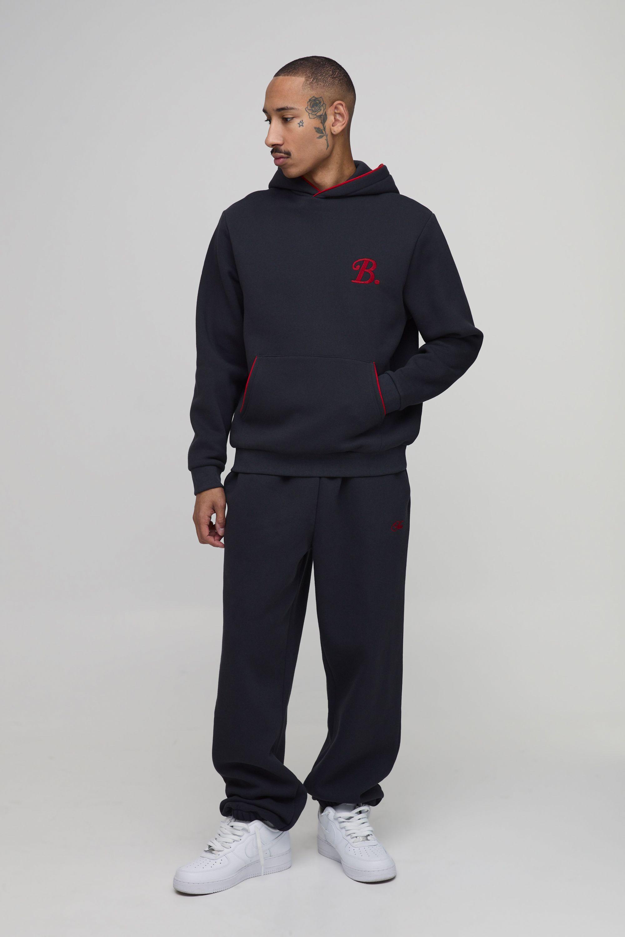 Regular B Embroidered Piped Hoodie & Oversized Jogger Tracksuit by BOOHOOMAN