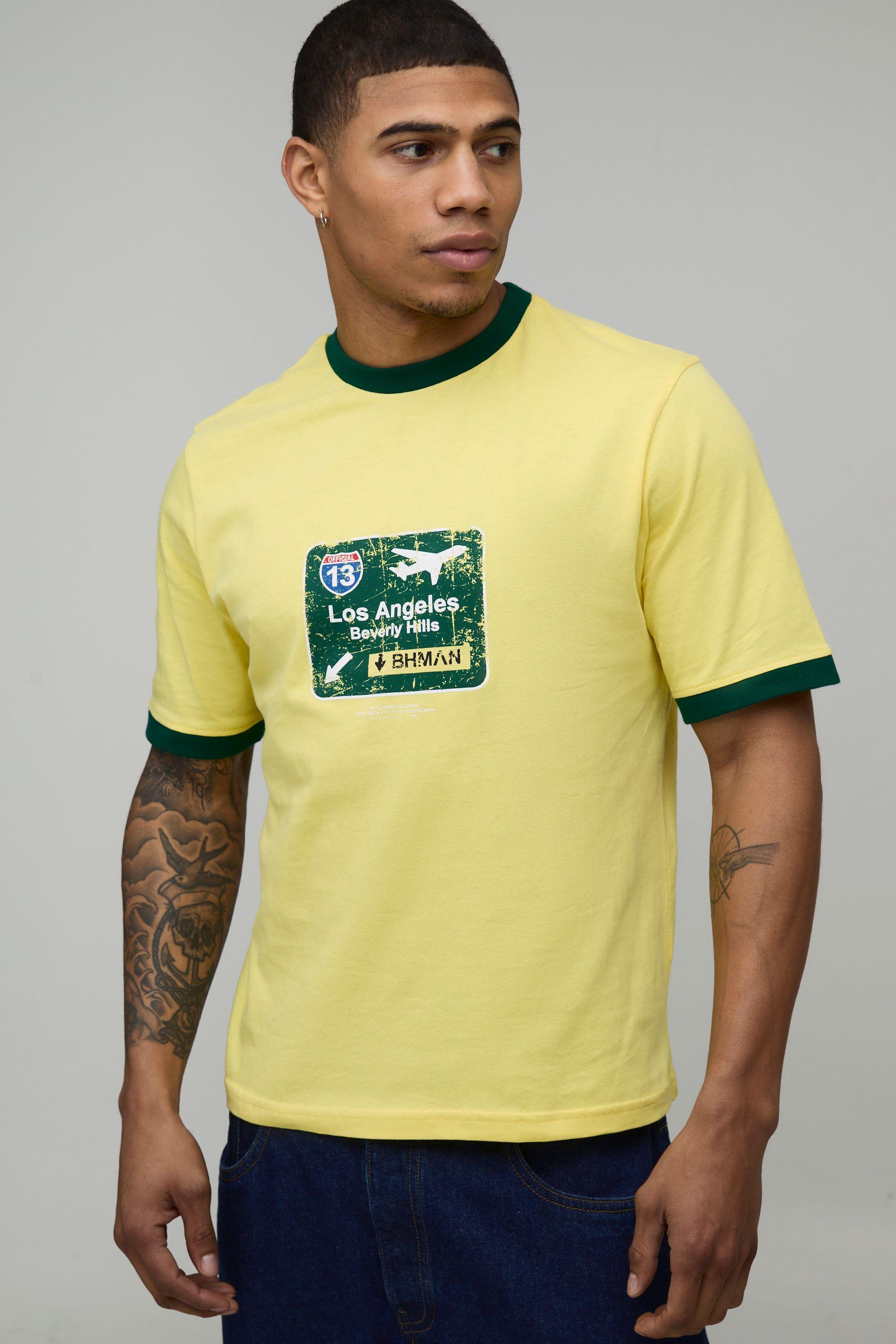 Regular Boxy Fit LA Stamp Printed Ringer T-Shirt by BOOHOOMAN