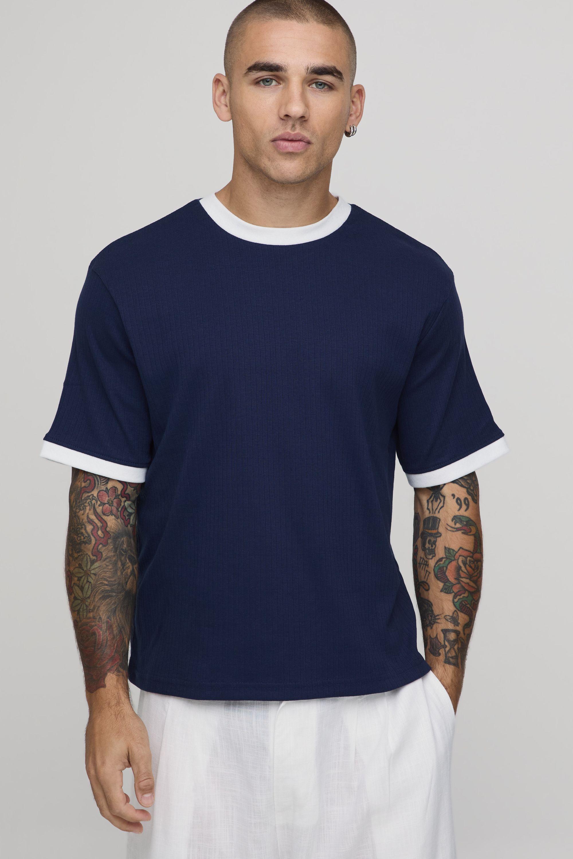 Regular Boxy Fit Textured Ringer Crew Neck T-Shirt by BOOHOOMAN