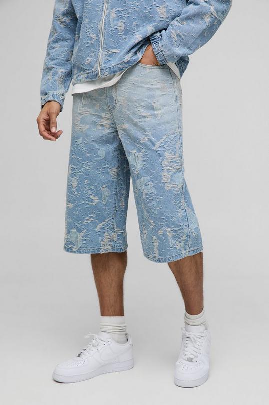 Regular Distressed Denim Jorts by BOOHOOMAN