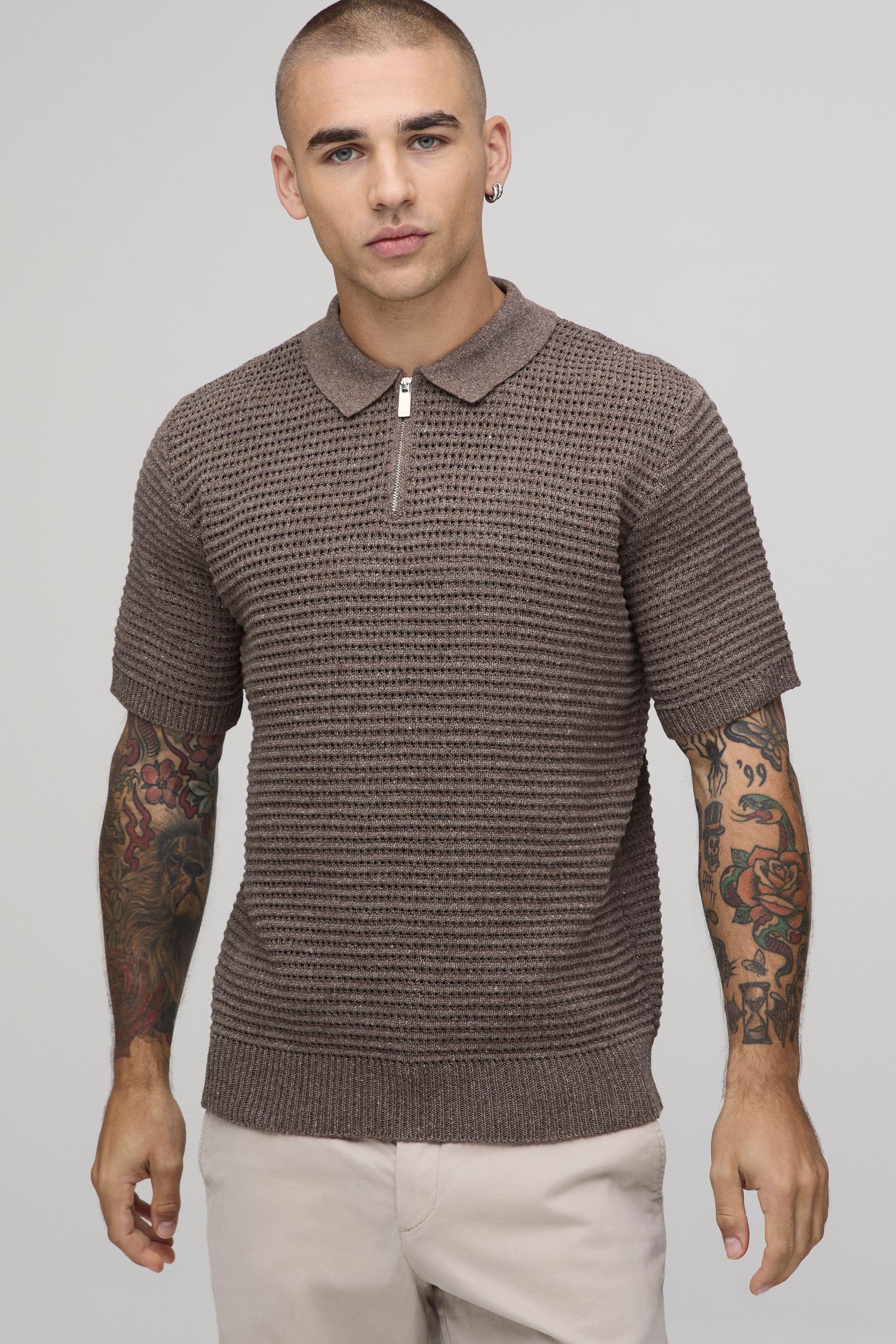 Regular Fit 1/4 Zip Cotton Blend Pique Knitted Polo by BOOHOOMAN