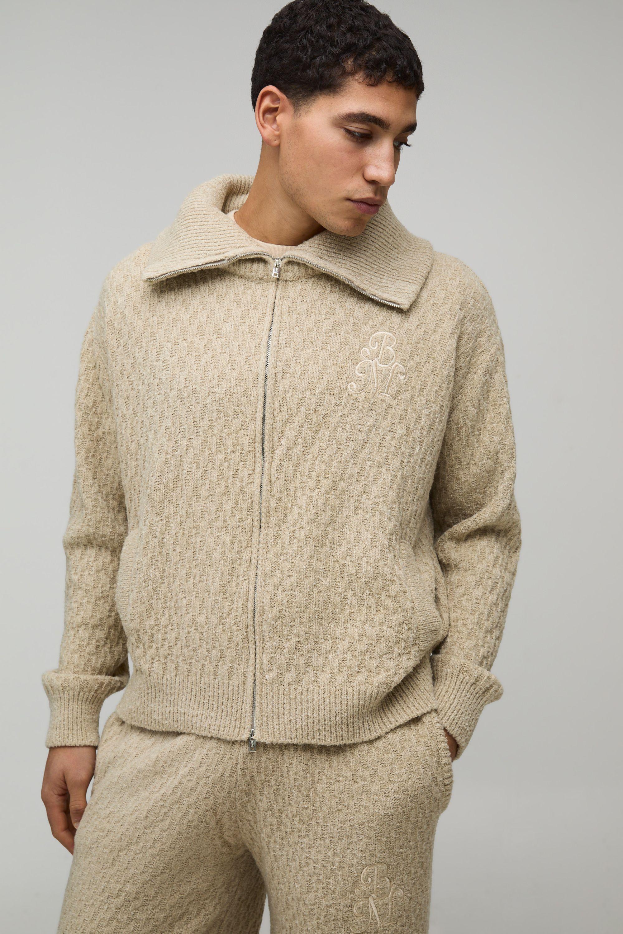 Regular Fit 1/4 Zip Funnel Neck Embroidered Knitted Sweatshirt by BOOHOOMAN