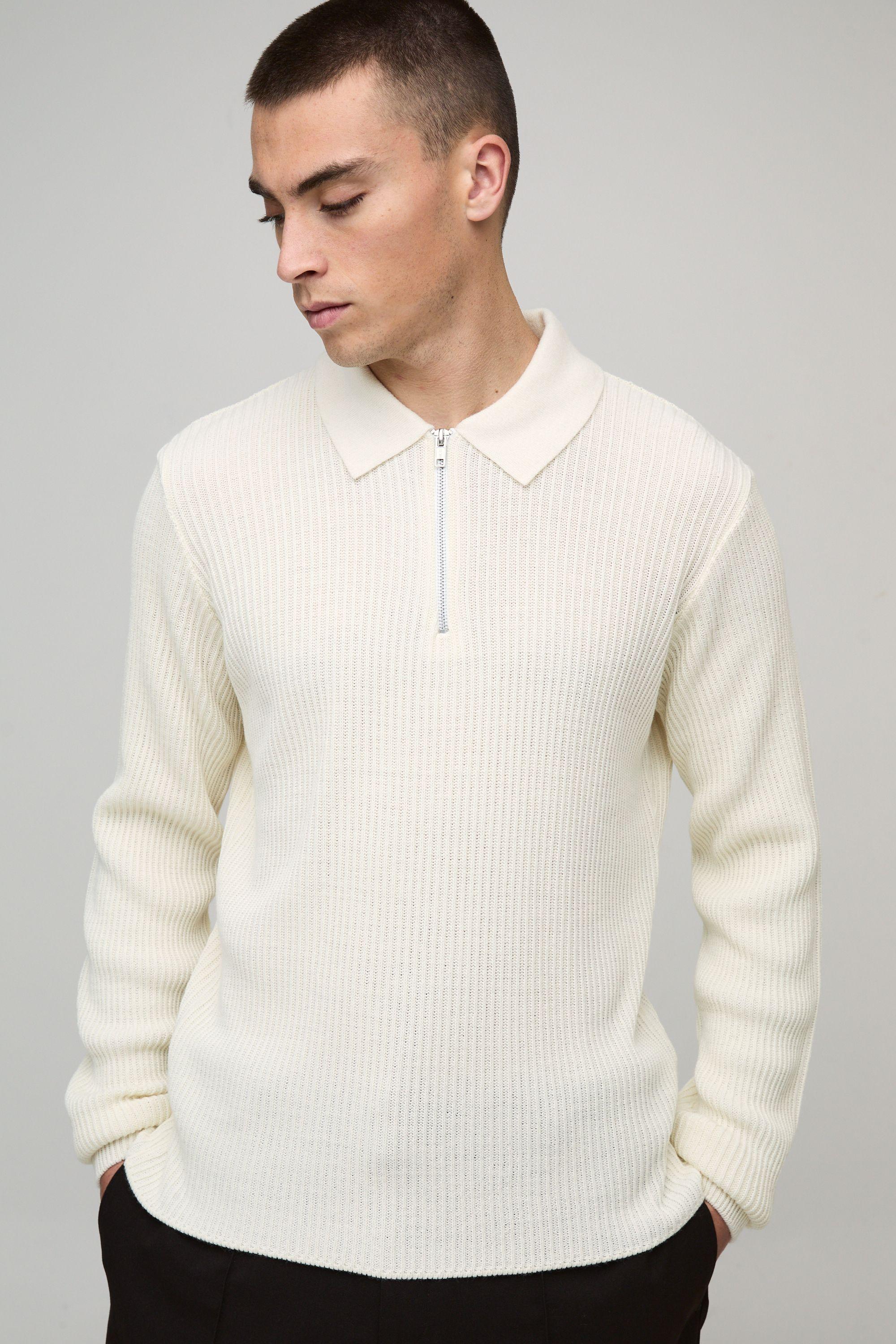 Regular Fit 1/4 Zip Rib Long Sleeve Knitted Polo by BOOHOOMAN