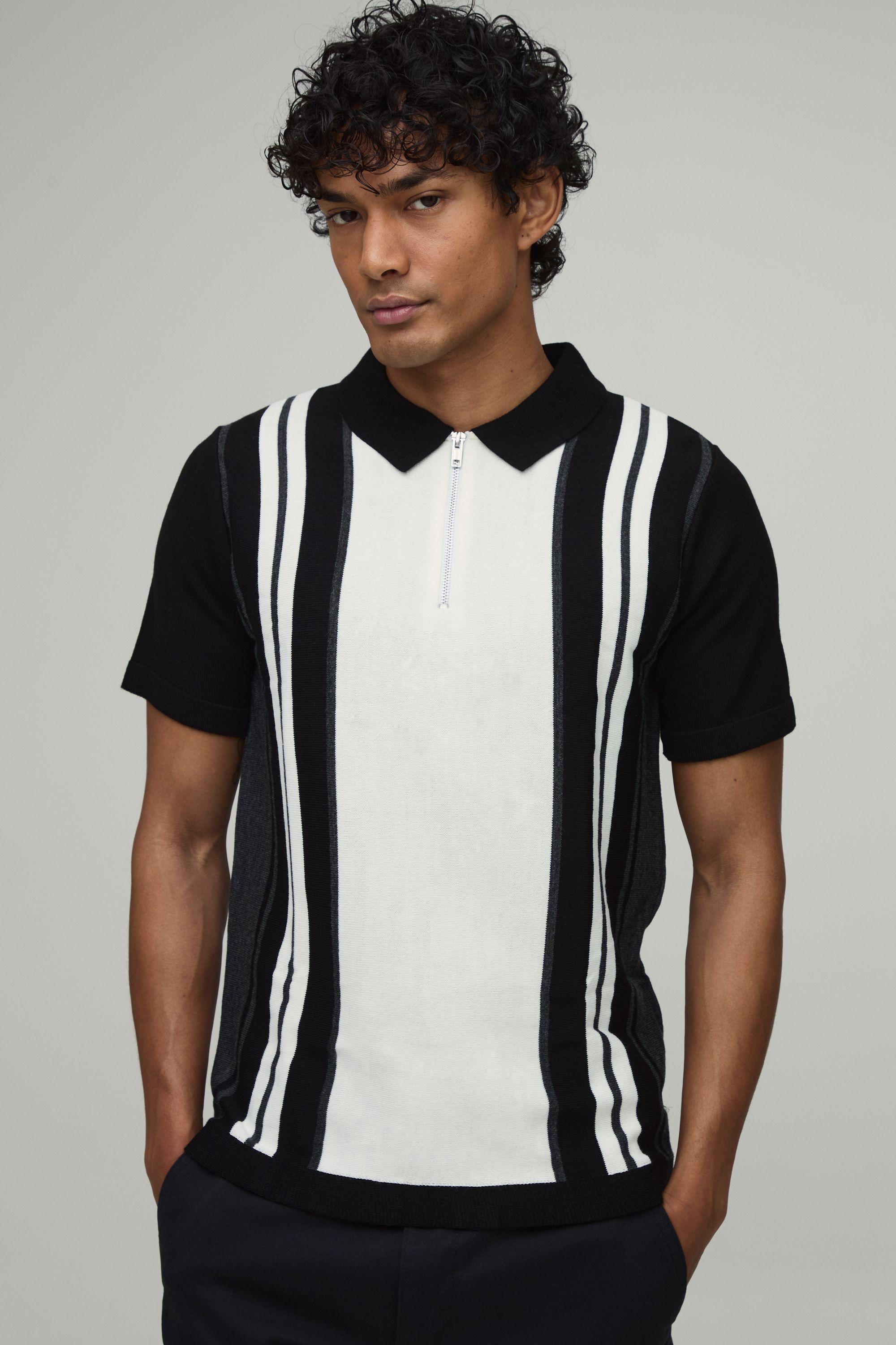 Regular Fit 1/4 Zip Striped Knitted Polo by BOOHOOMAN