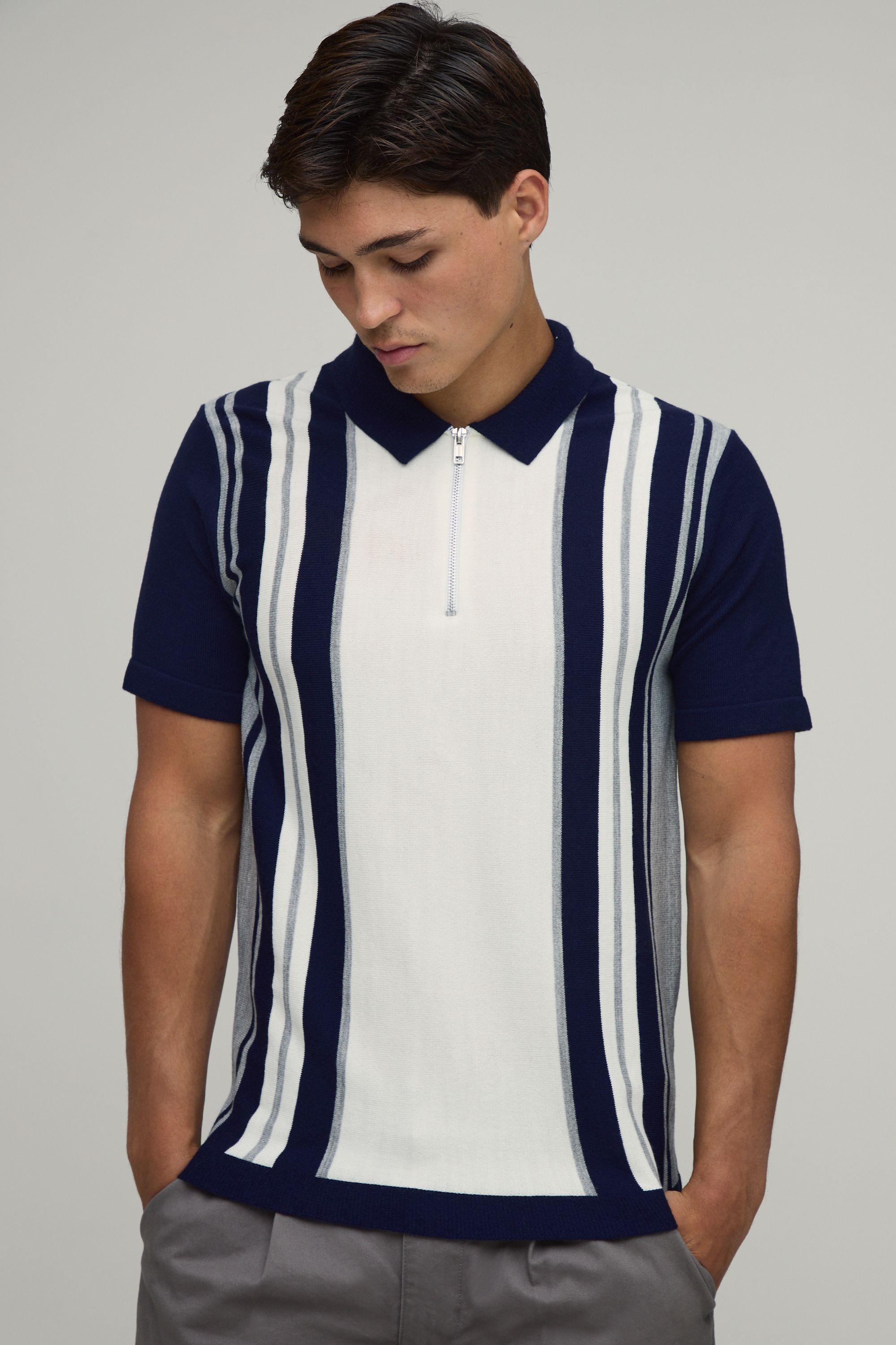 Regular Fit 1/4 Zip Striped Knitted Polo by BOOHOOMAN