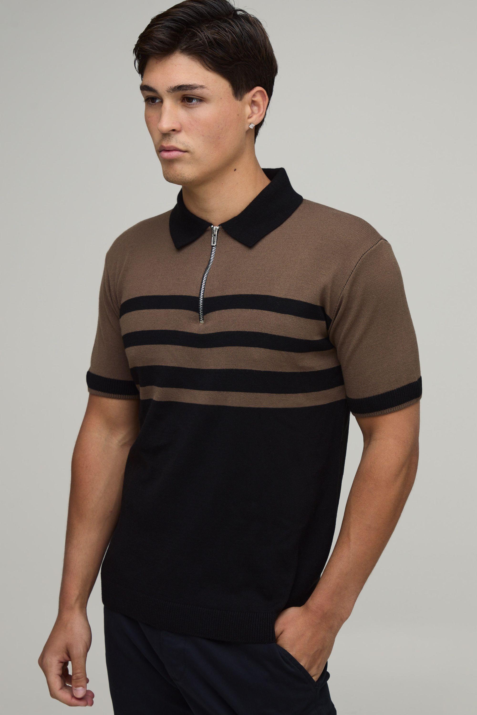 Regular Fit 1/4 Zip Striped Knitted Polo by BOOHOOMAN Regular Fit 1/4 Zip Striped Knitted Polo by BOOHOOMAN