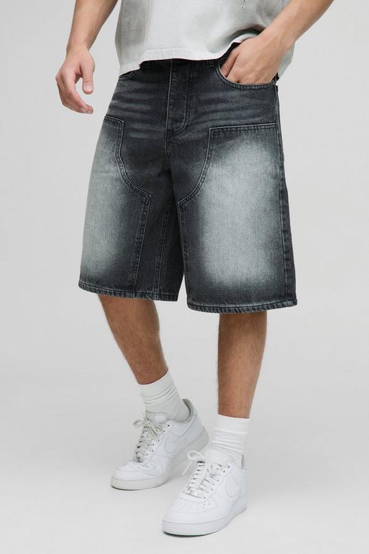 Regular Fit Antique Grey Washed Carpenter Denim Jorts by BOOHOOMAN