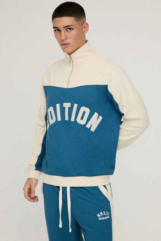 Regular Fit Applique Quarter Zip Loopback Colour Block Funnel Neck by BOOHOOMAN