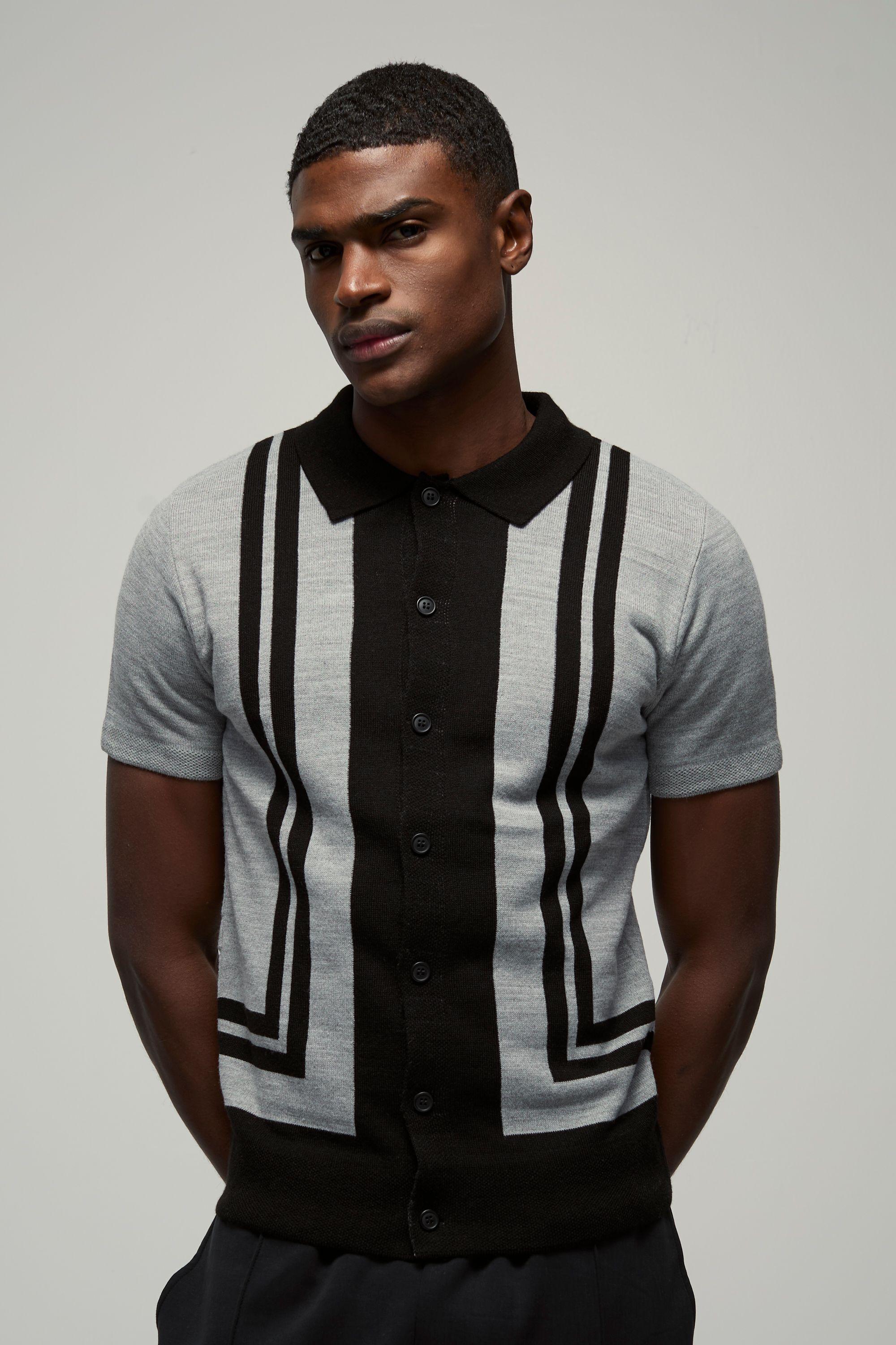 Regular Fit Border Stripes Colour Block Knitted Shirt by BOOHOOMAN