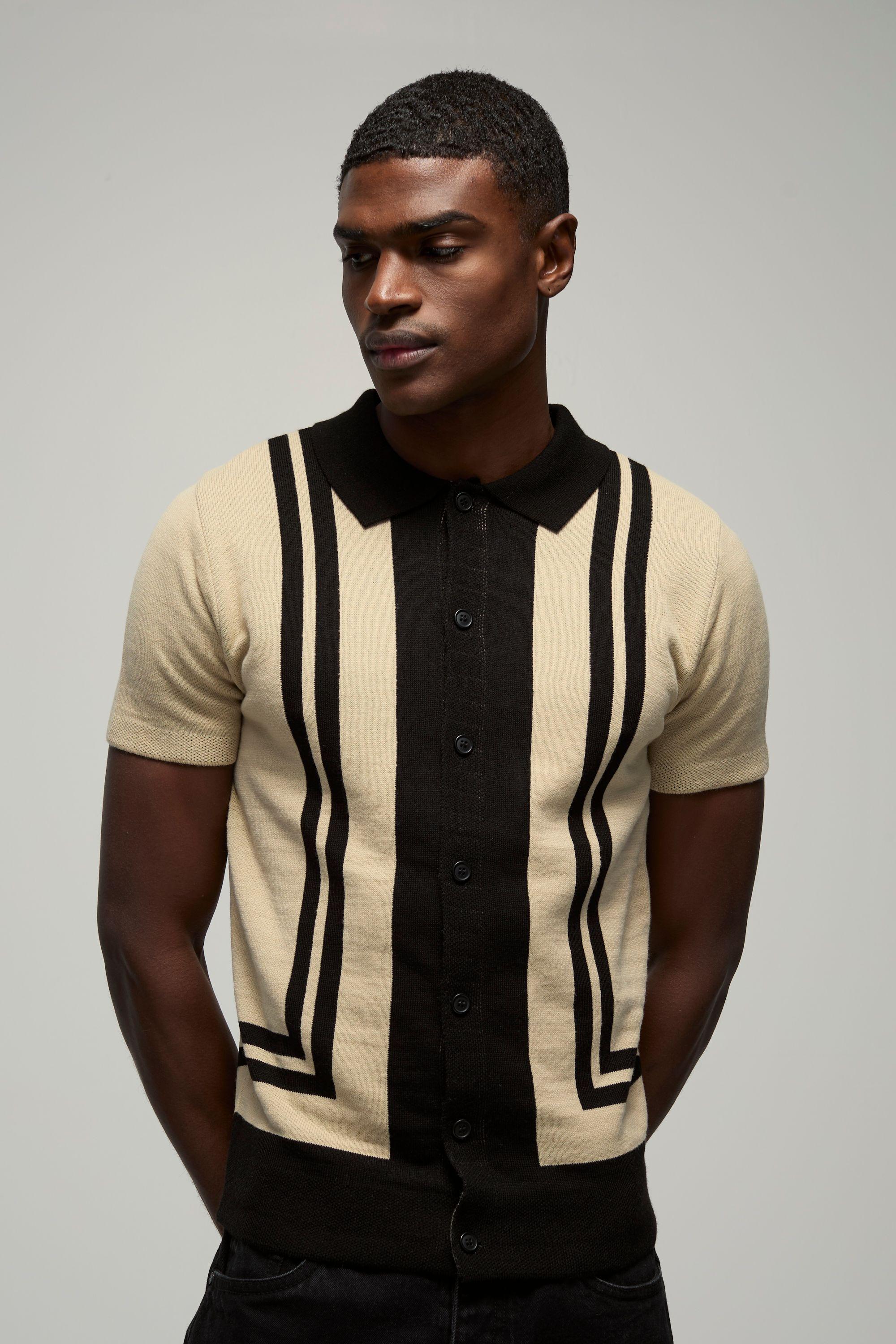 Regular Fit Border Stripes Colour Block Knitted Shirt by BOOHOOMAN Regular Fit Border Stripes Colour Block Knitted Shirt by BOOHOOMAN