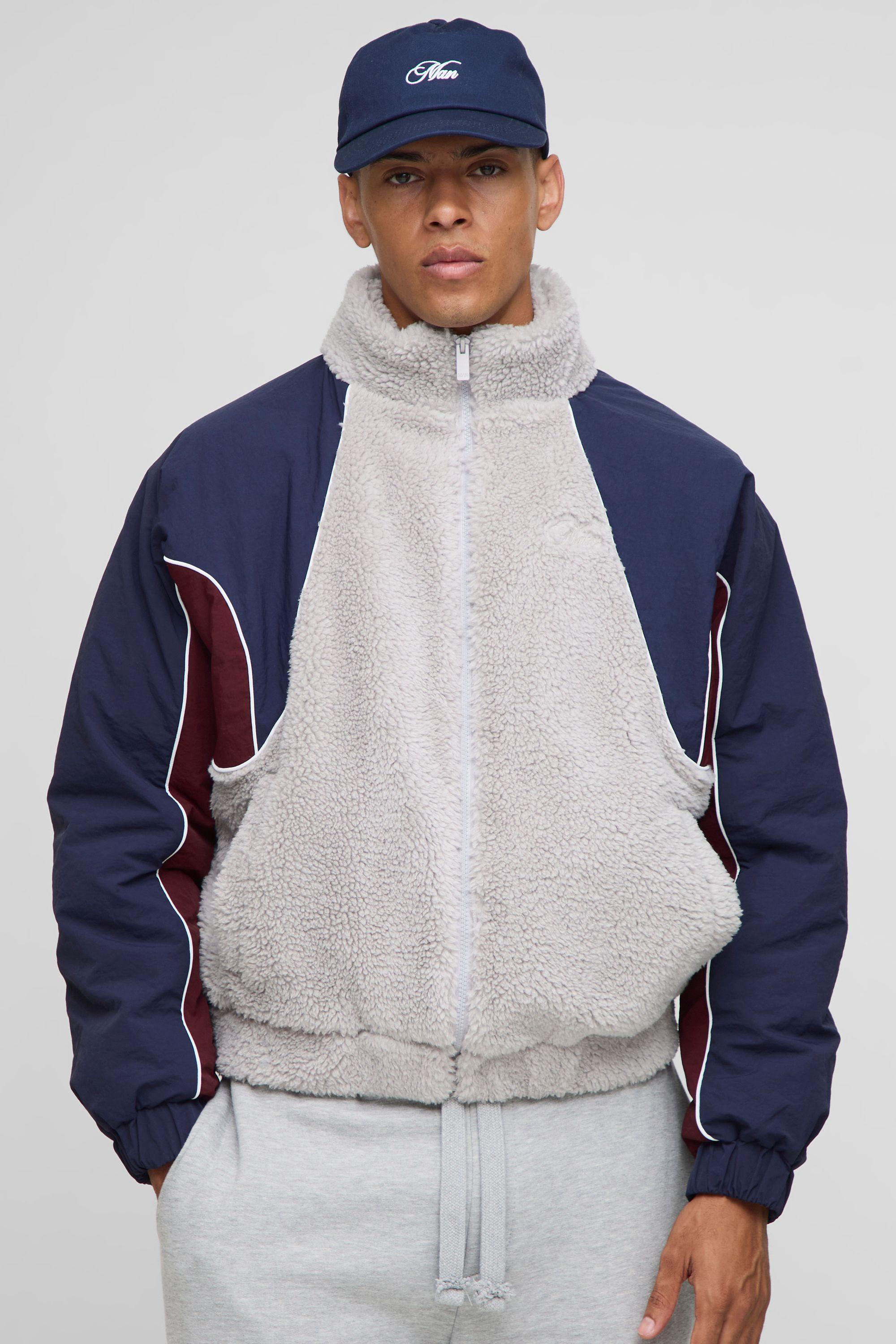 Regular Fit Borg and Nylon Mix Funnel Neck Jacket by BOOHOOMAN