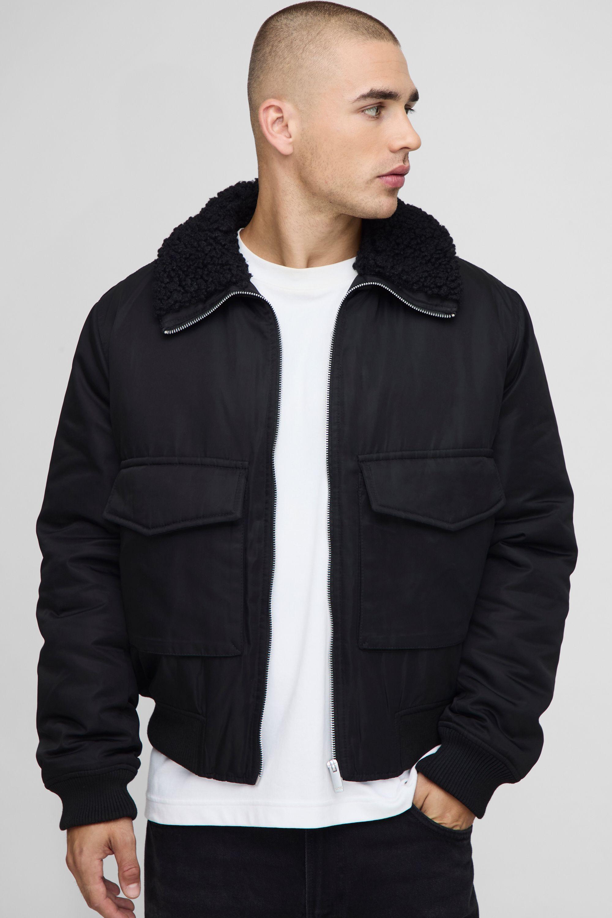 Regular Fit Boucle Borg Collar Nylon Bomber Jacket by BOOHOOMAN Regular Fit Boucle Borg Collar Nylon Bomber Jacket by BOOHOOMAN