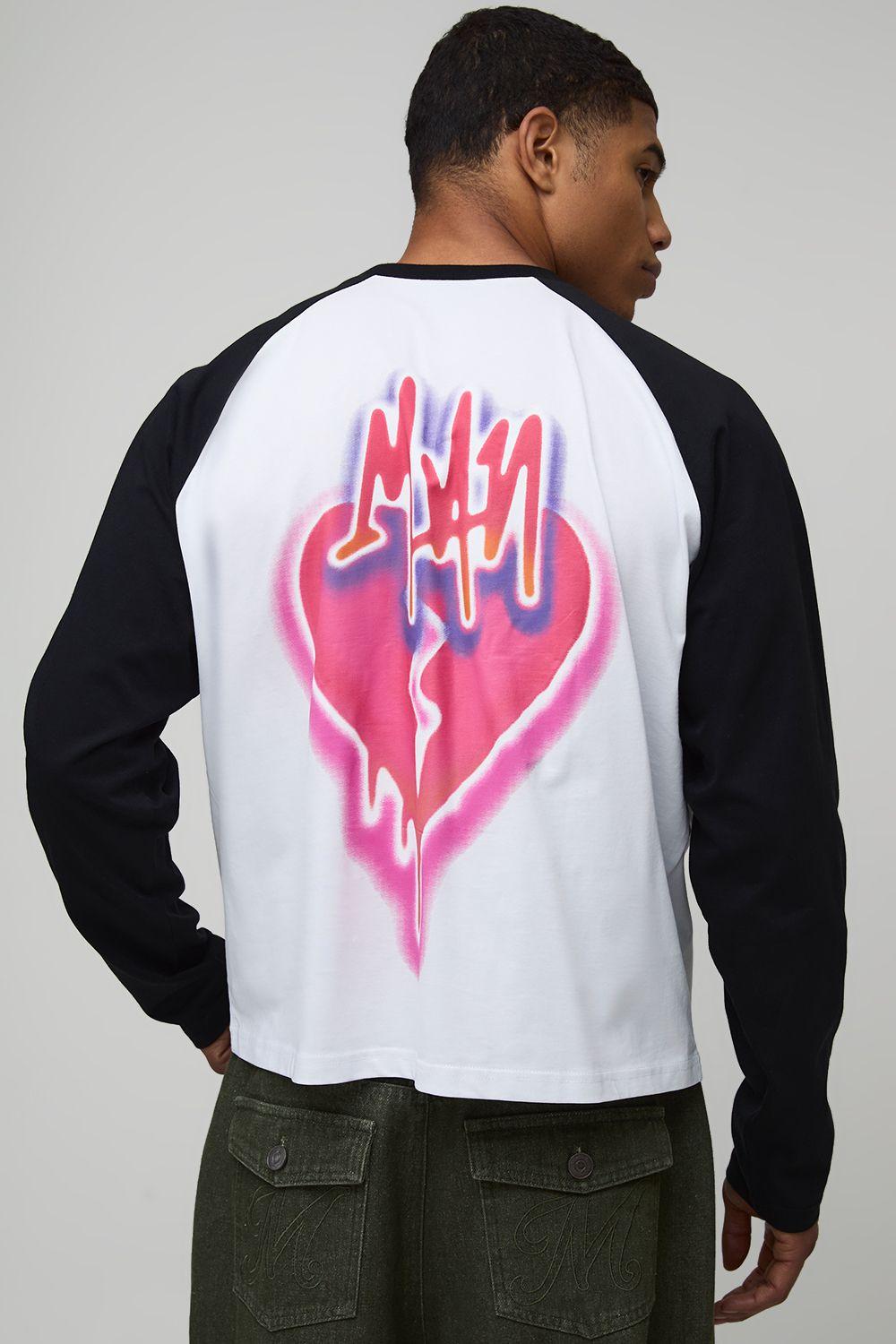 Regular Fit Boxy Graffiti Heart Printed Raglan T-Shirt by BOOHOOMAN