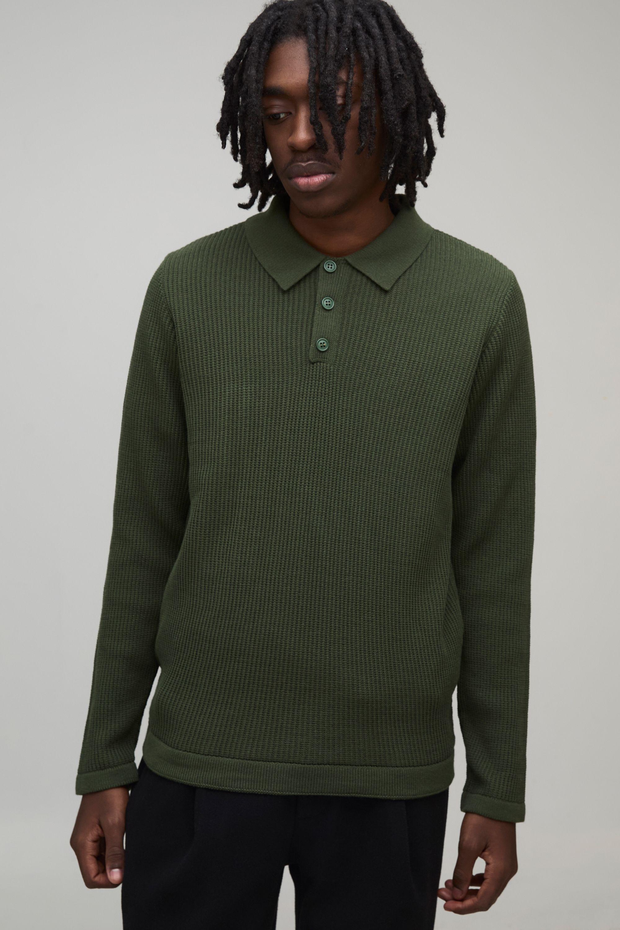 Regular Fit Button Neck Waffle Long Sleeve Knitted Polo by BOOHOOMAN