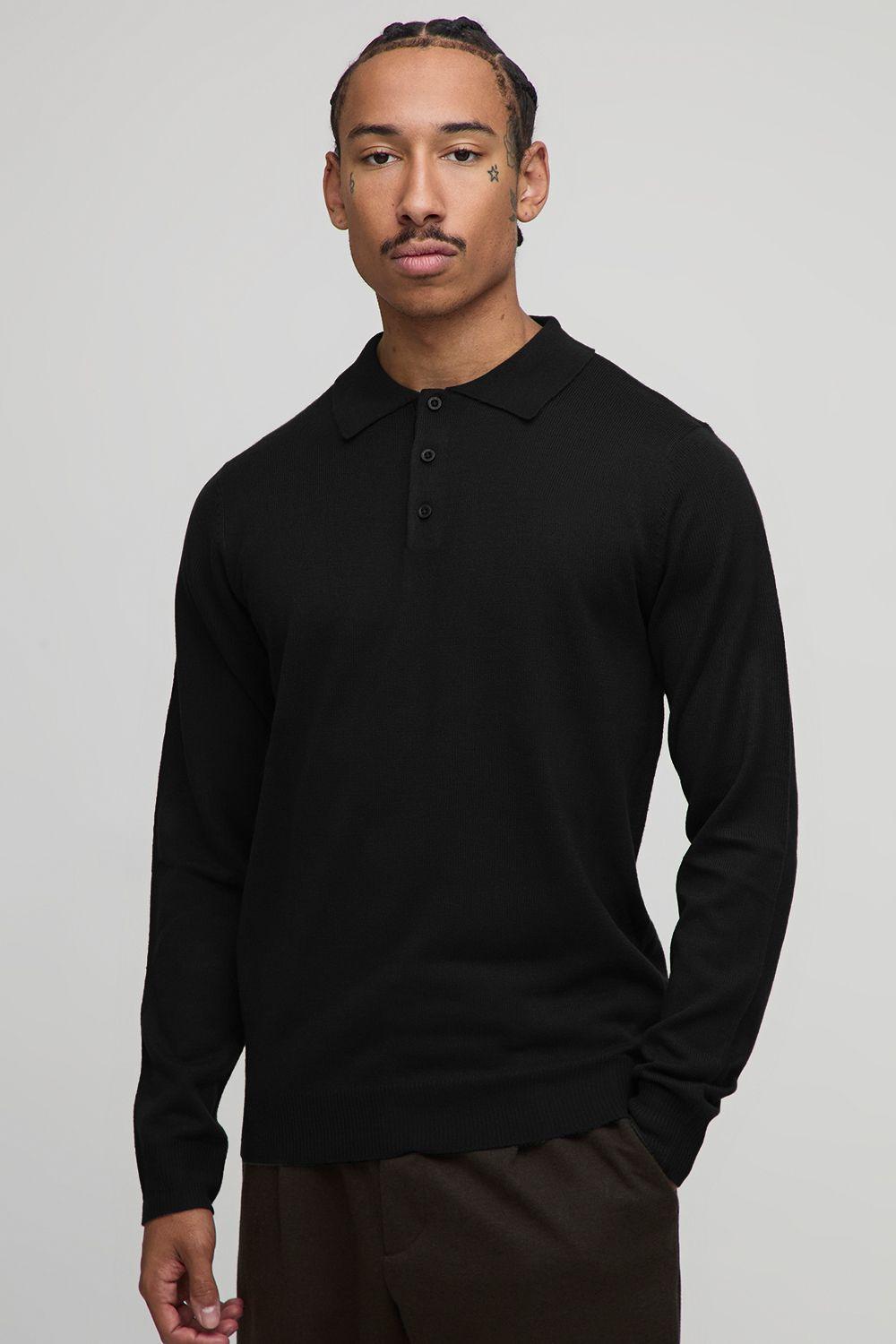 Regular Fit Button Up Knitted Long Sleeve Polo by BOOHOOMAN