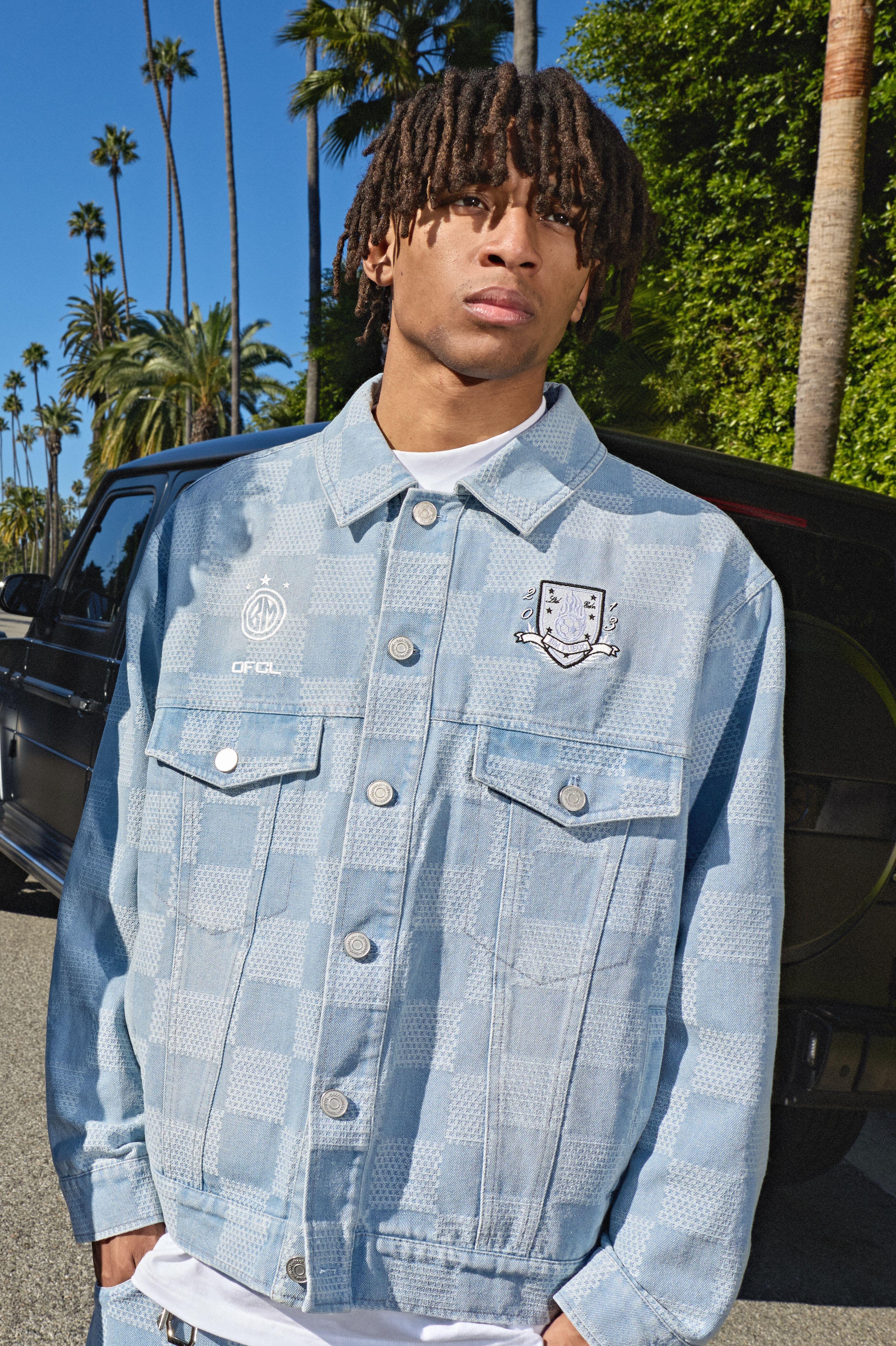 Regular Fit Checkerboard Jacquard Embroidered Denim Jacket by BOOHOOMAN