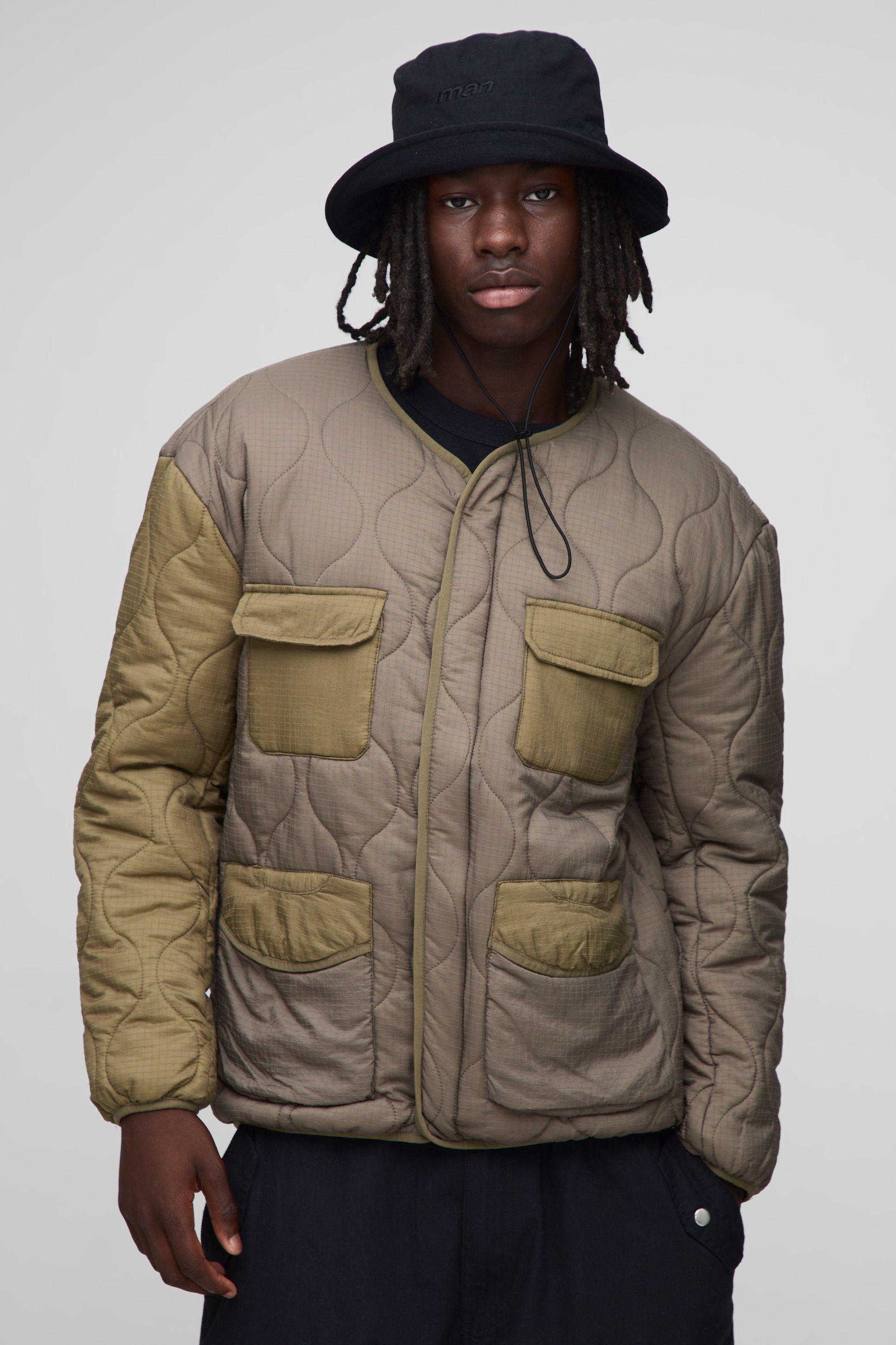 Regular Fit Collarless Quilted Ripstop Colour Block Liner Jacket by BOOHOOMAN