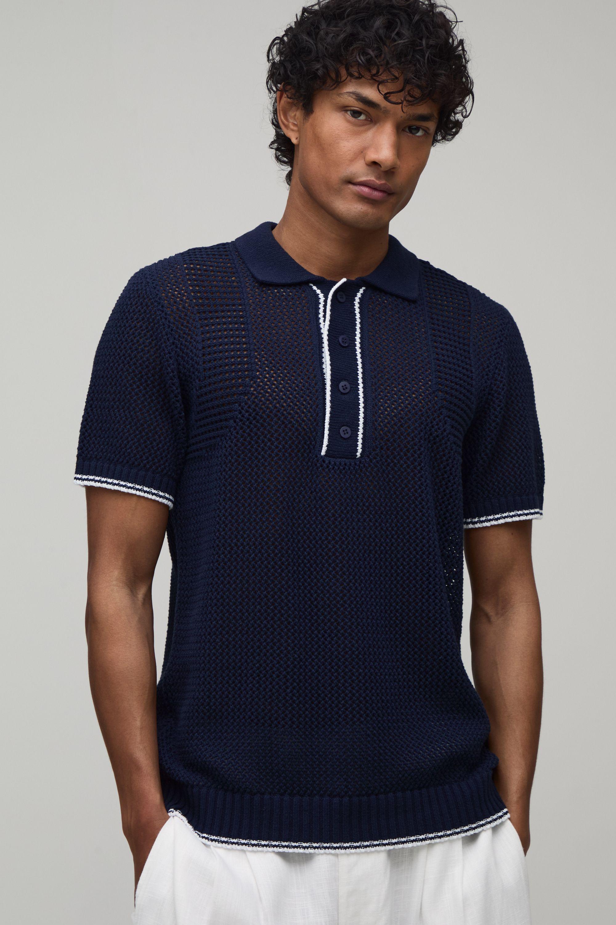 Regular Fit Contrast Open Stitch Knitted Polo by BOOHOOMAN