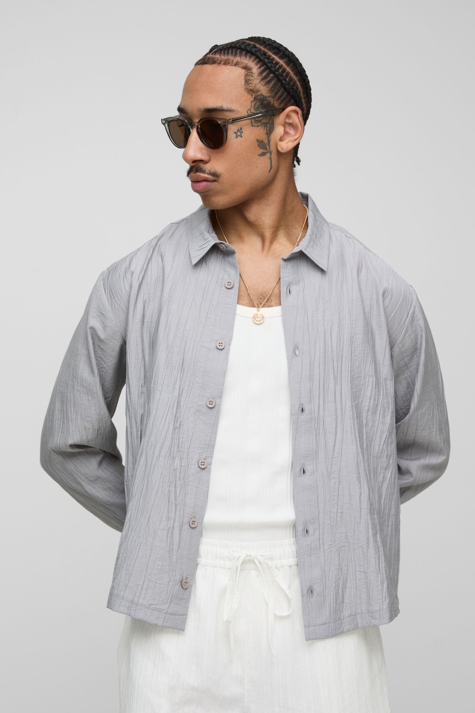 Regular Fit Crinkle Cotton Long Sleeve Shirt by BOOHOOMAN