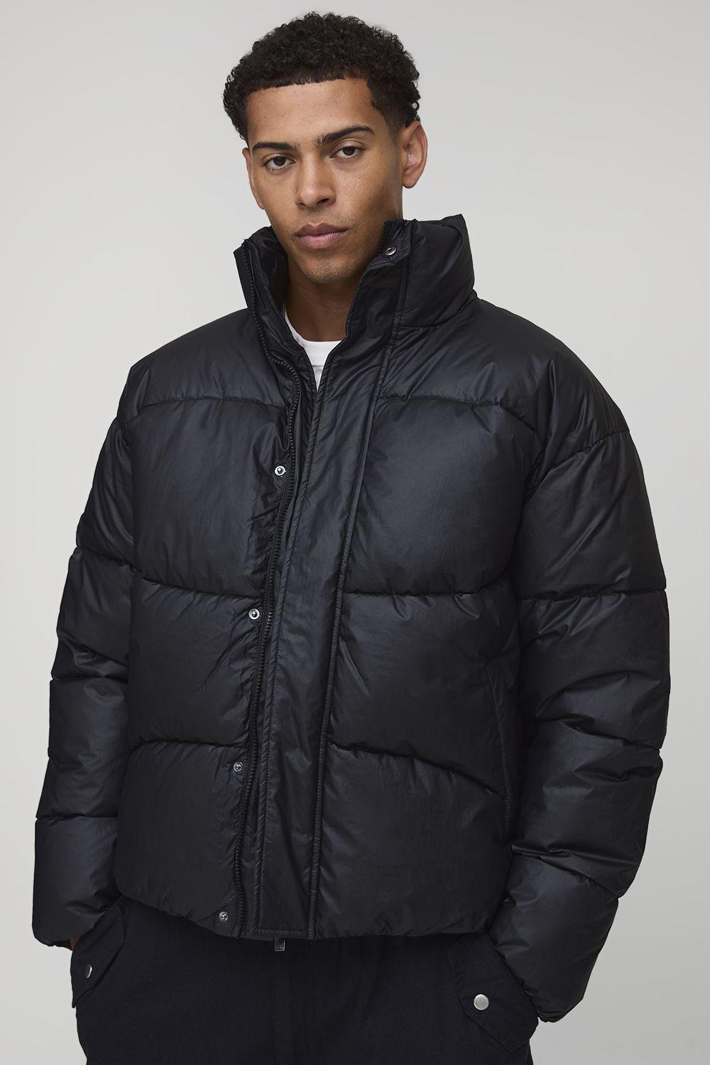 Regular Fit Crinkle High Shine Panelled Funnel Neck Puffer Jacket by BOOHOOMAN