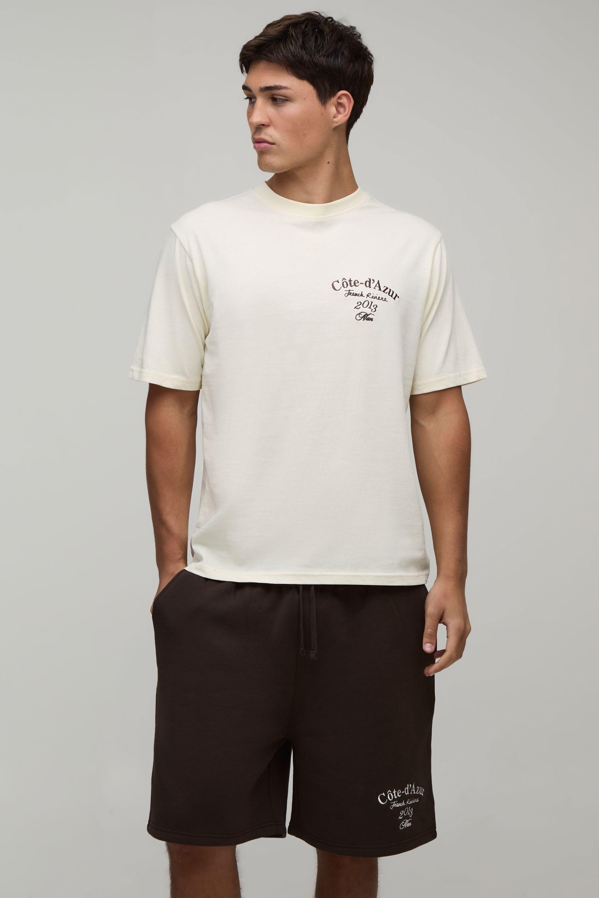 Regular Fit Embroidered French Riviera T-Shirt & Regular Fit Short Set by BOOHOOMAN